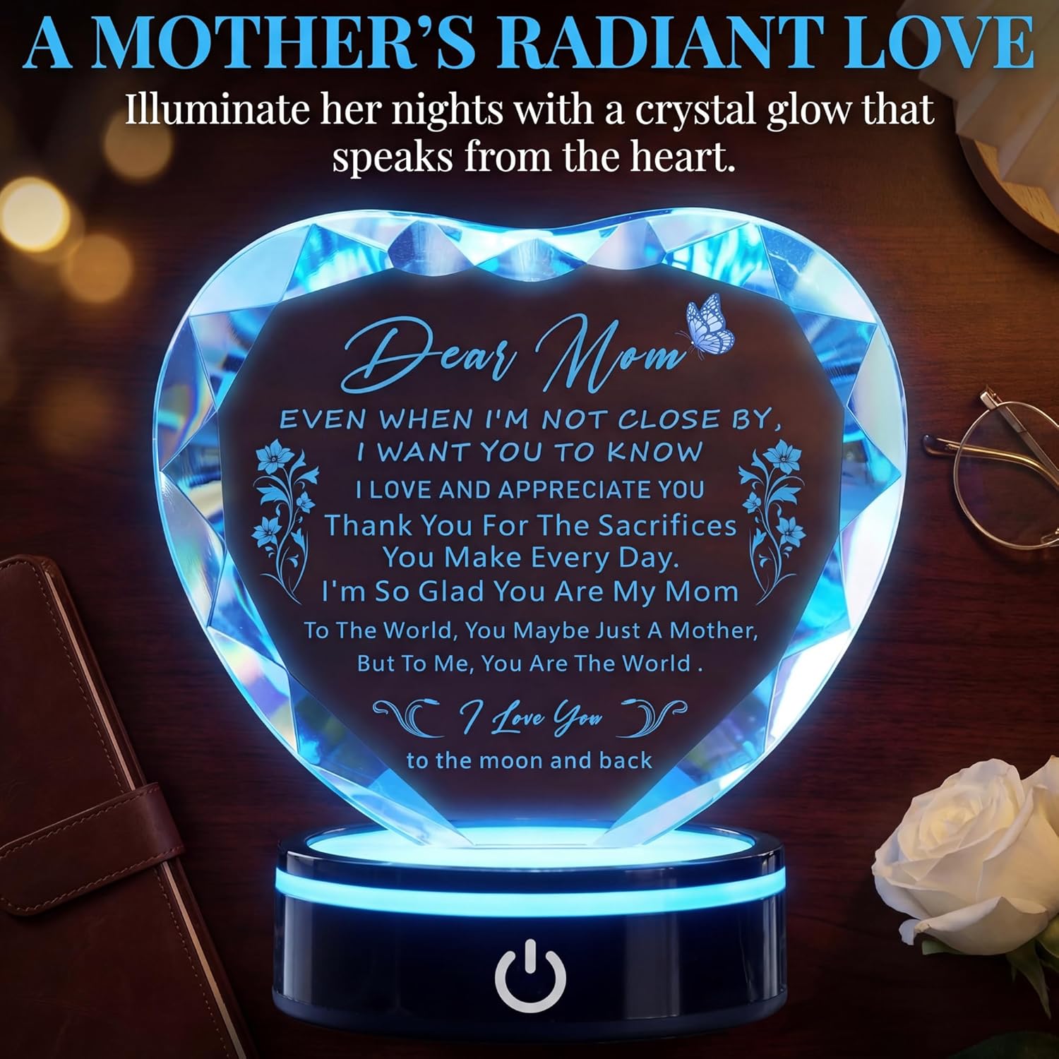I Love You Mom Gifts from Daughter Son, Heart K9 Crystal Keepsake Plaque with LED Base, Mother's Day, Birthday, Christmas, Thanksgiving, Engraved Mother Quote