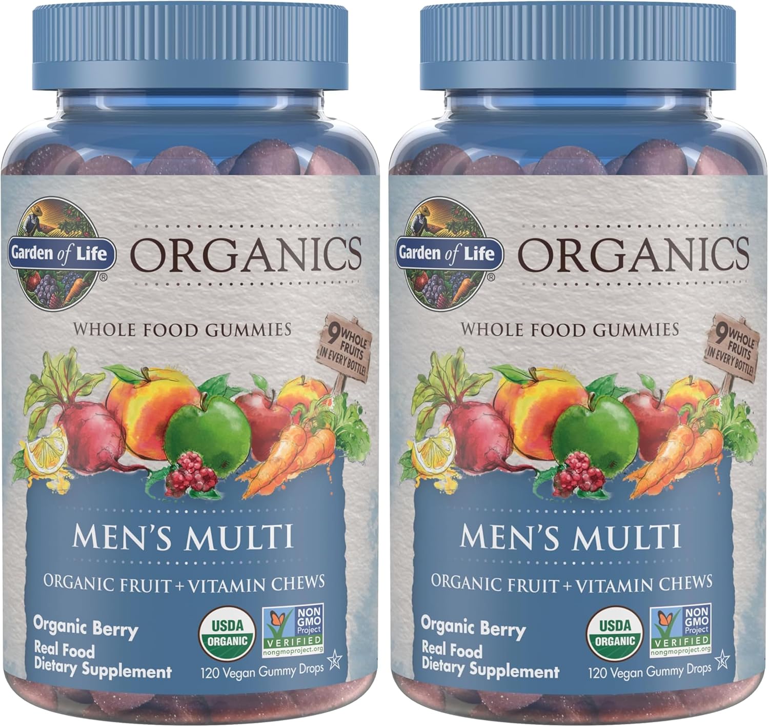 Garden of Life Organics Men's Gummy Vitamins - Berry - Certified Organic,Non-GMO,Vegan,Kosher Complete Multi - Methyl B12,C & D3 - Gluten,Soy & Dairy Free,120 Real Fruit Chew Gummies,(Pack of 2)