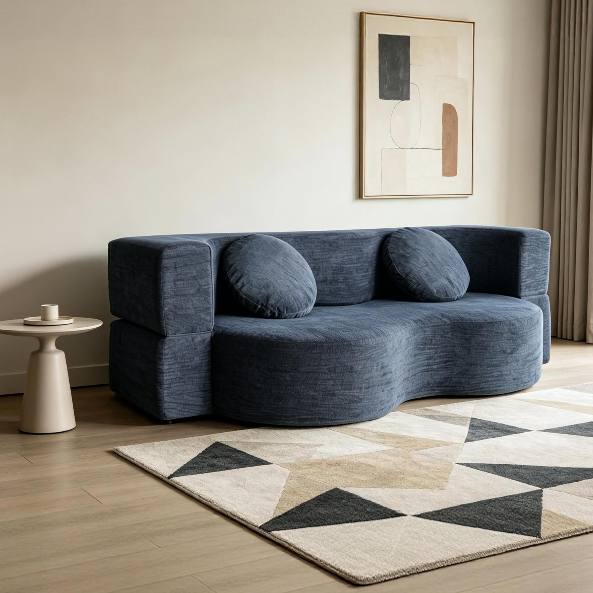 Schlafsofa 200cm Breit, Bodensofa Bed mit Pillow Back Support Armrest mit Kuscheliger Chenille-Stoff, 3-Sitzer Sofa mit Schlaffunktion für Wohnzimmer, Apartment, Schlafzimmer, Blaugrau