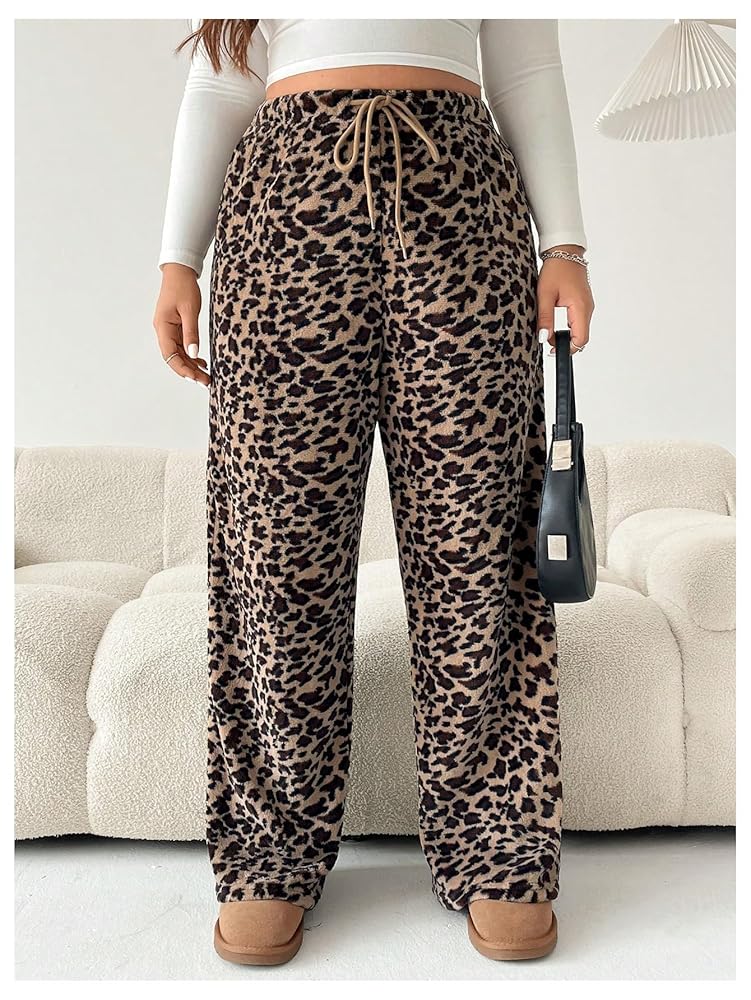 RoseSeek Women's Plus Size Leopard Pants Wide Leg Drawstring