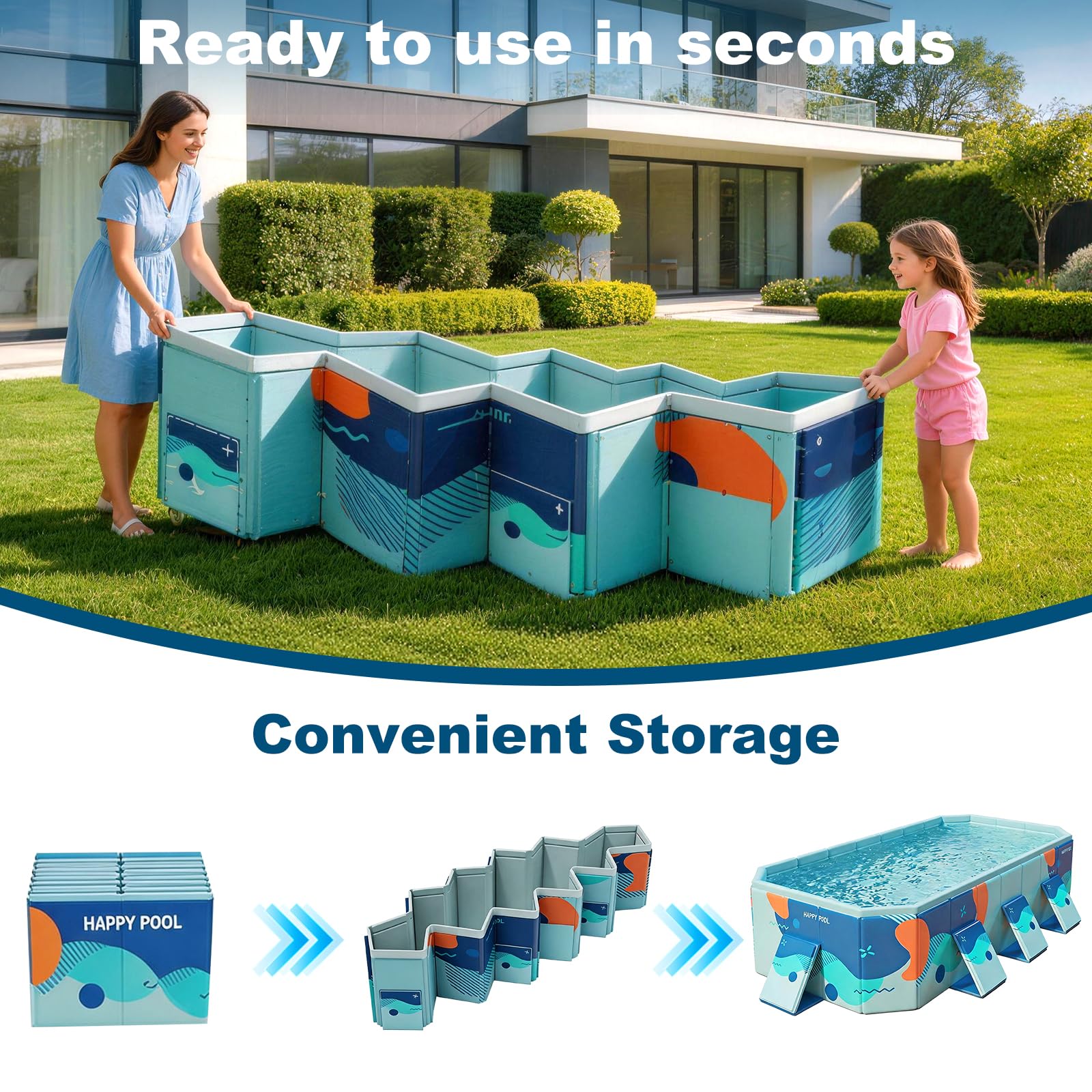 Grande piscine familiale pliable pour enfants et chiens, 292,1 x 165,1 x 54,6 cm (L x l x P) – Piscine carrée en plastique rigide avec parois latérales renforcées et installation facile pour le jardin