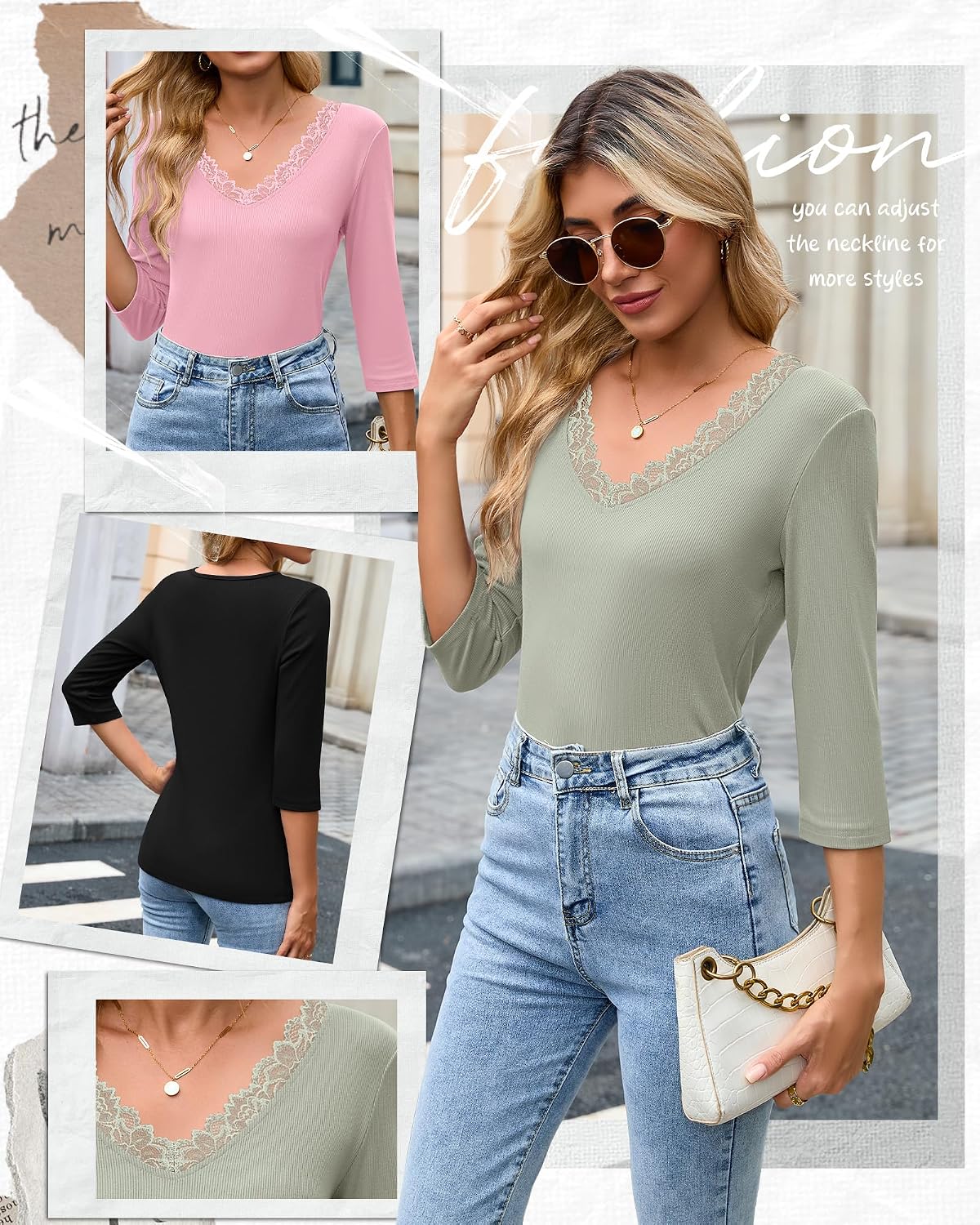 Oakgarden 3 Pack Women's 3/4 Sleeve Lace Tops V Neck Cotton Ribbed Sexy Shirts Slim Fit Going Out Top Y2k Casual T-Shirts