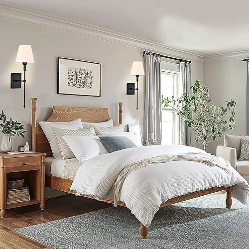 Miniatura 5 de Pauwer Juego de 2 apliques de pared delgados de tela blanca, aplique de pared para interiores, soporte de columna, lámparas de pared para Negro