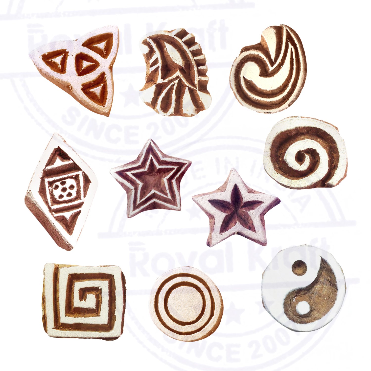 Royal Kraft Textile Print Blocks Oriental Small Geometric Pattern Wooden Stamps - Set of 10