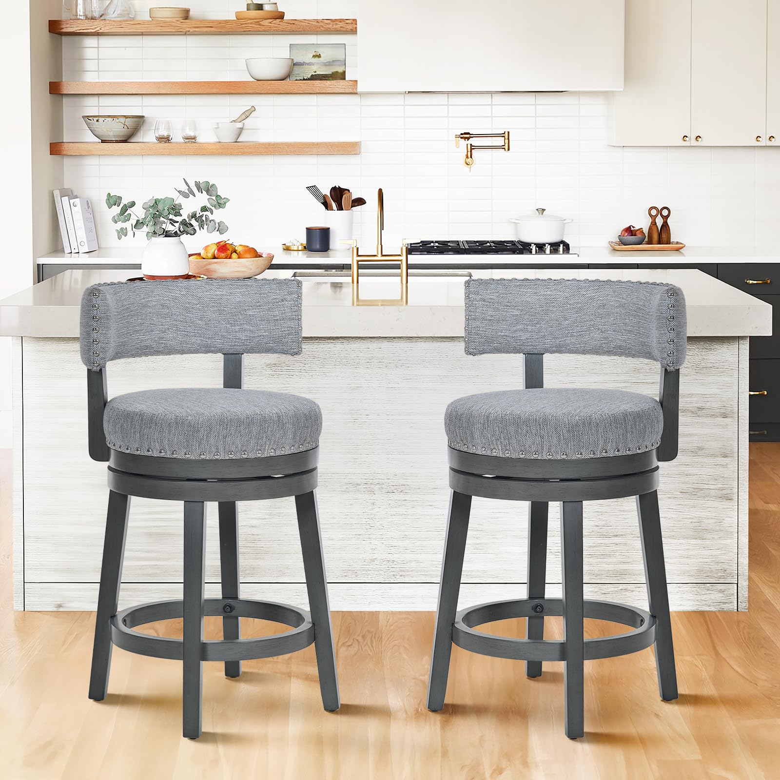 COLAMY Swivel Bar Stool Set of 2, Modern Swivel Barstool with Back, Counter Height Bar Stools, 25 Inch Upholstered Wood Barstool for Kitchen Island