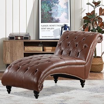 Modern Leather Lounge Chair with Nailhead Trim,Elegant Living Room Lounge Chair for Indoor Bedroom,Button Tufting Chaise Lounge Indoor. Brown Leather