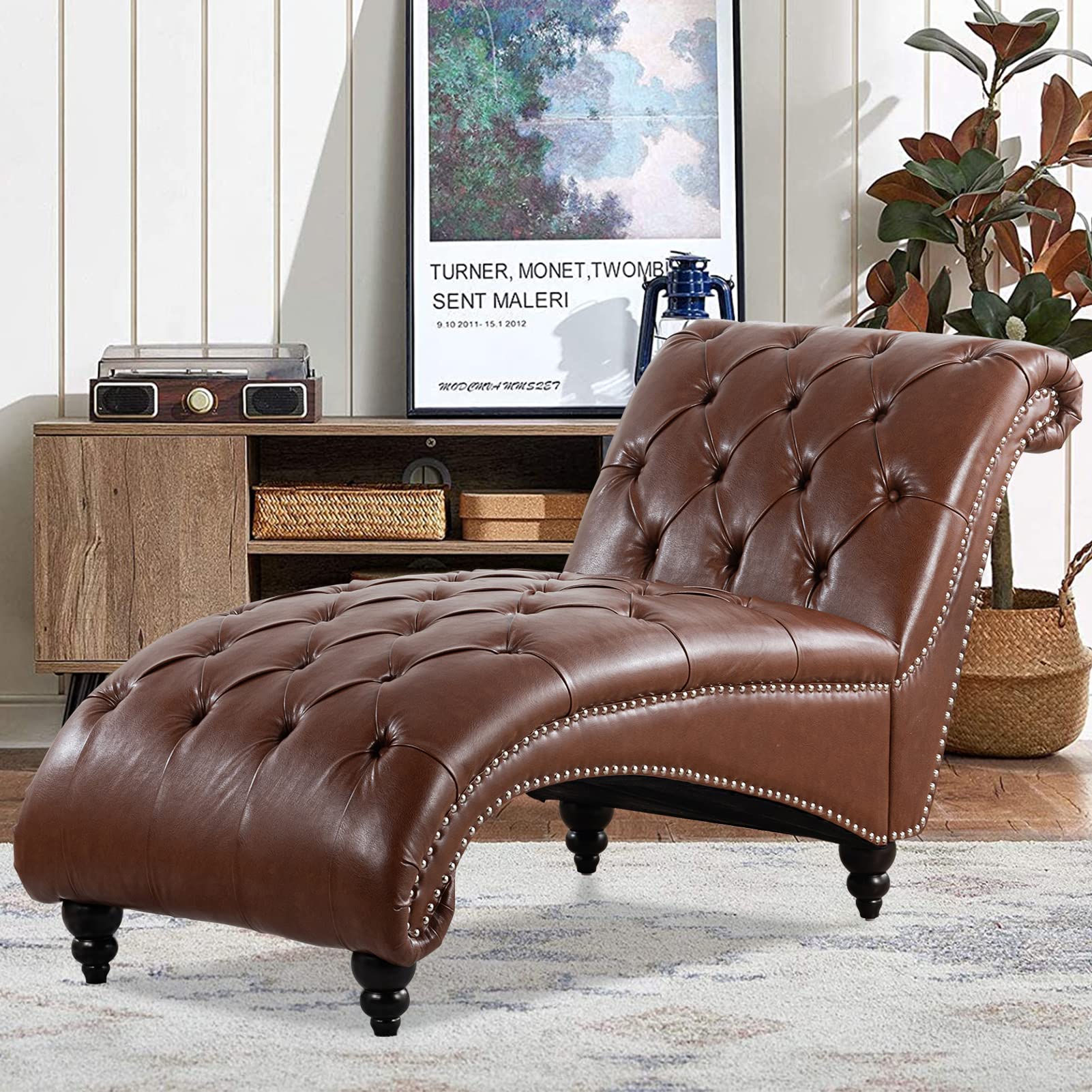 Vaztrlus Modern Leather Lounge Chair with Nailhead Trim，Elegant Living Room Lounge Chair for Indoor Bedroom,Button Tufting Chaise Lounge Indoor. (