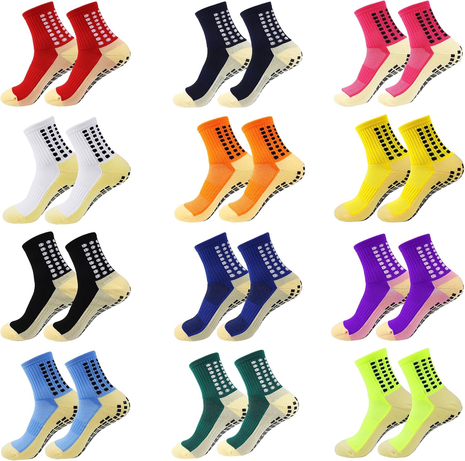12 Pair Grip Socks Soccer, Men Grip Socks Soccer Non Slip Adult Youth Football Sock Non Skid Training Athletic Socks for Football Baseball Sports, 12 Colors