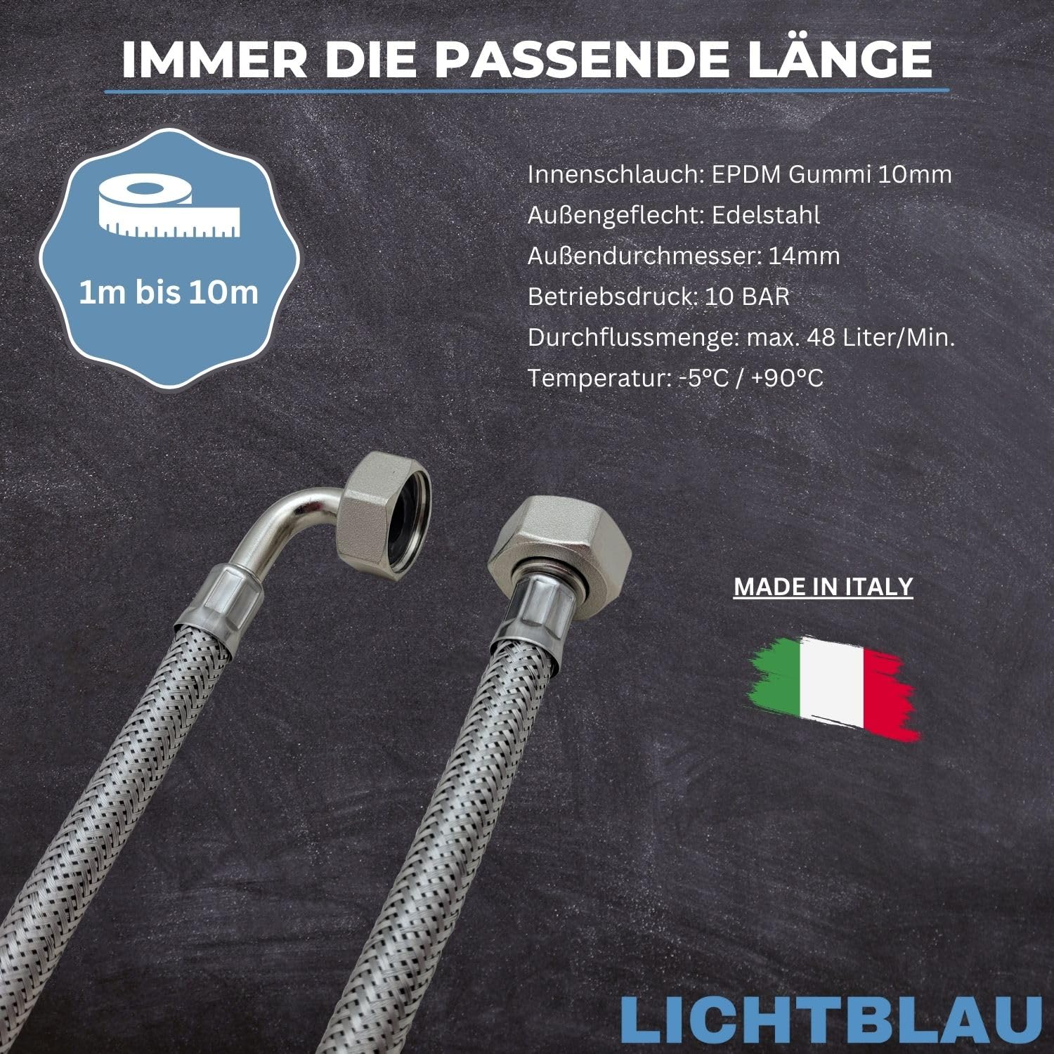 LICHTBLAU Knickfester Edelstahlschlauch Zulaufschlauch I 1m I 3/4 Zoll | Panzerschlauch für Waschmaschine & Geschirrspüler, Winkel/Gerade inkl. Dichtung