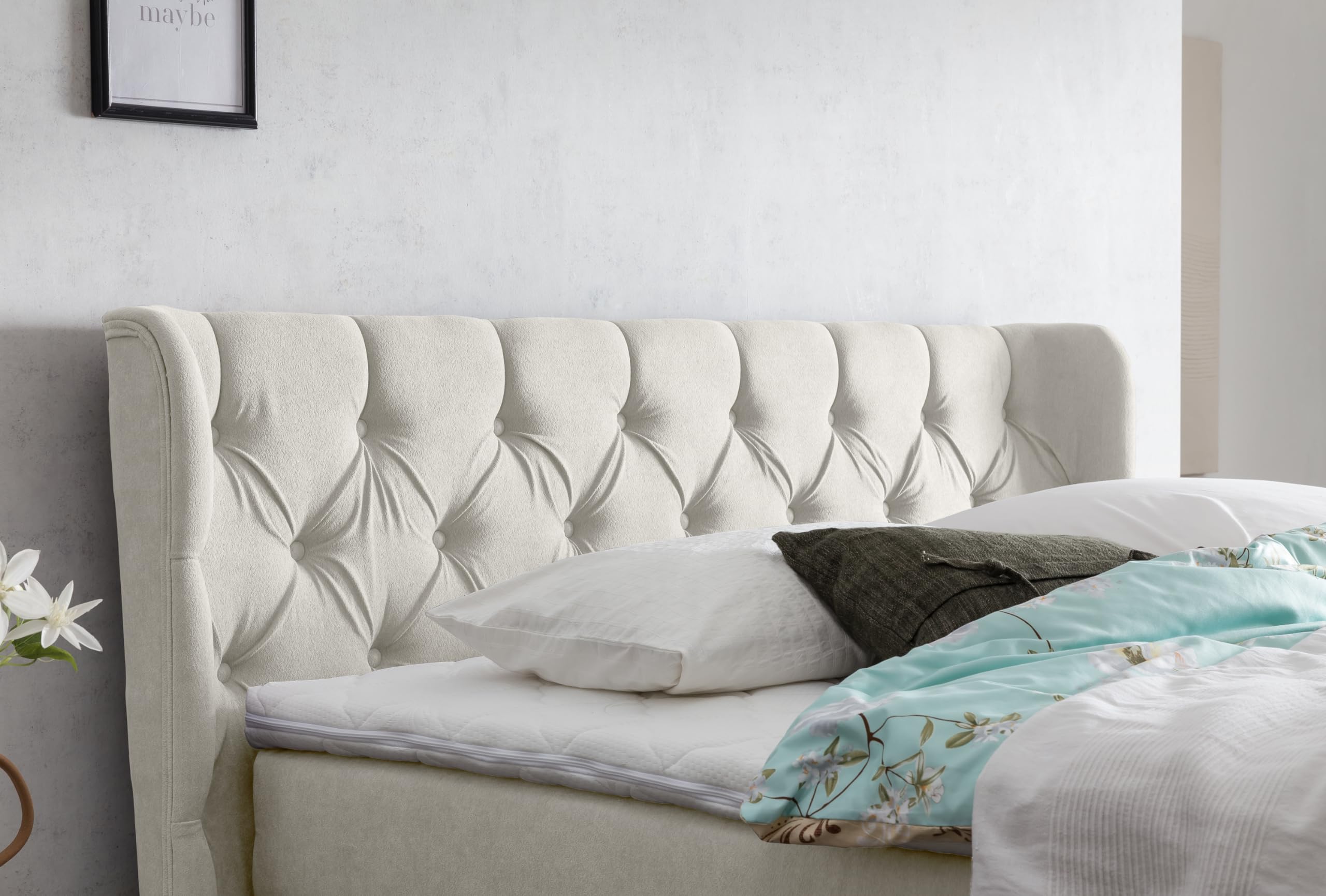 Belanoti EON Boxspringbett 180x200 elektrisch verstellbar 7-Zonen Taschenfederkern Matratze inkl Visco Topper Bett 180x200 mit Motor in der Farbe Beige H2/H3 Polsterbett Motorbett Massivholz Eiche