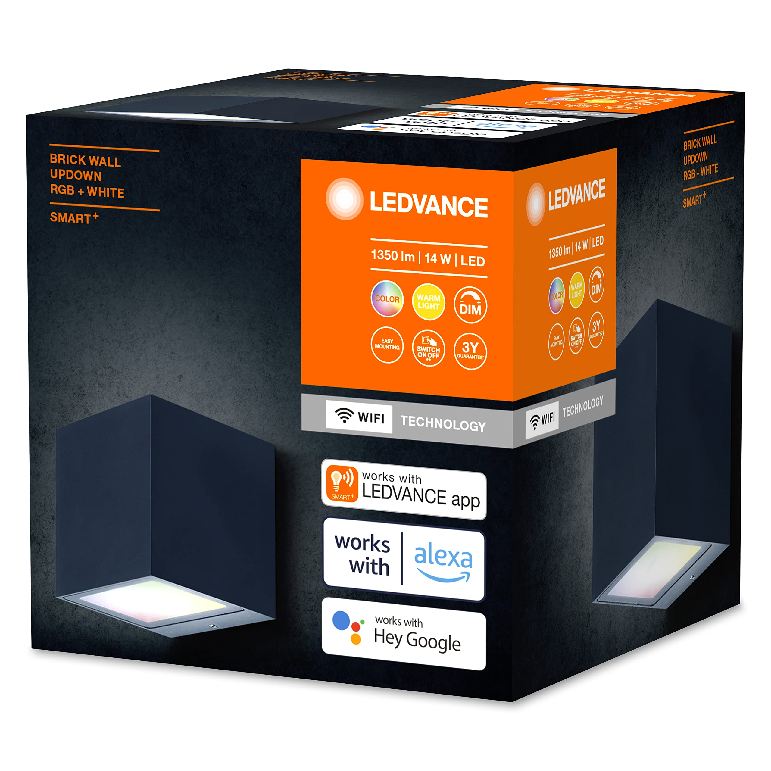 LEDVANCE SMART+ WI-FI BRICK RGBW 8,5cm- dimmbare LED Wandleuchte dunkelgrau mit hochwertigem Aluminium-Gehäuse, quadratisch, RGB-Farbsteuerung, 14 W, 3000 Kelvin warmweiß, 600 Lumen, IP44