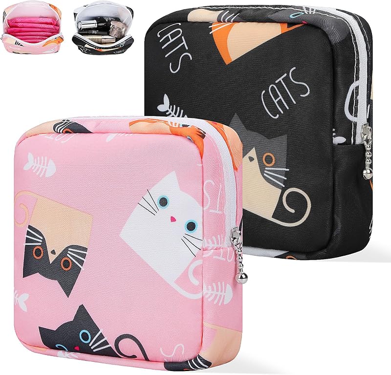 Necessaire de maquiagem Likesing em lona, modelo Cat 5170, Preto e Rosa, Pacote com 2