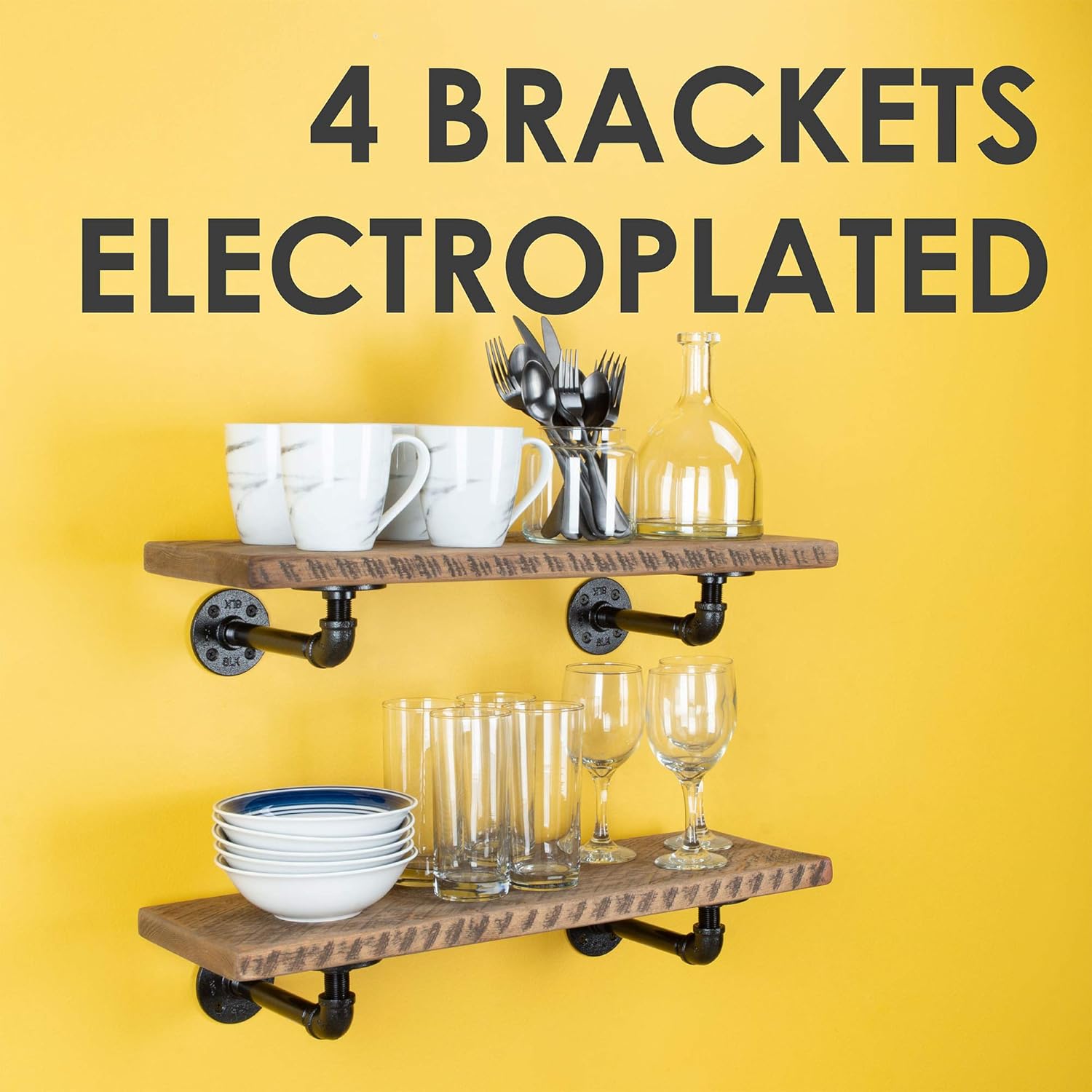 Pipe DÉCOR Electroplated Industrial Pipe Double Flange Brackets Set of 4 Industrial Steel Black Shelf Brackets for Hanging Shelves Wall Mounted Pre-Sealed Ready to Use Real Durable Metal (4 Inch)