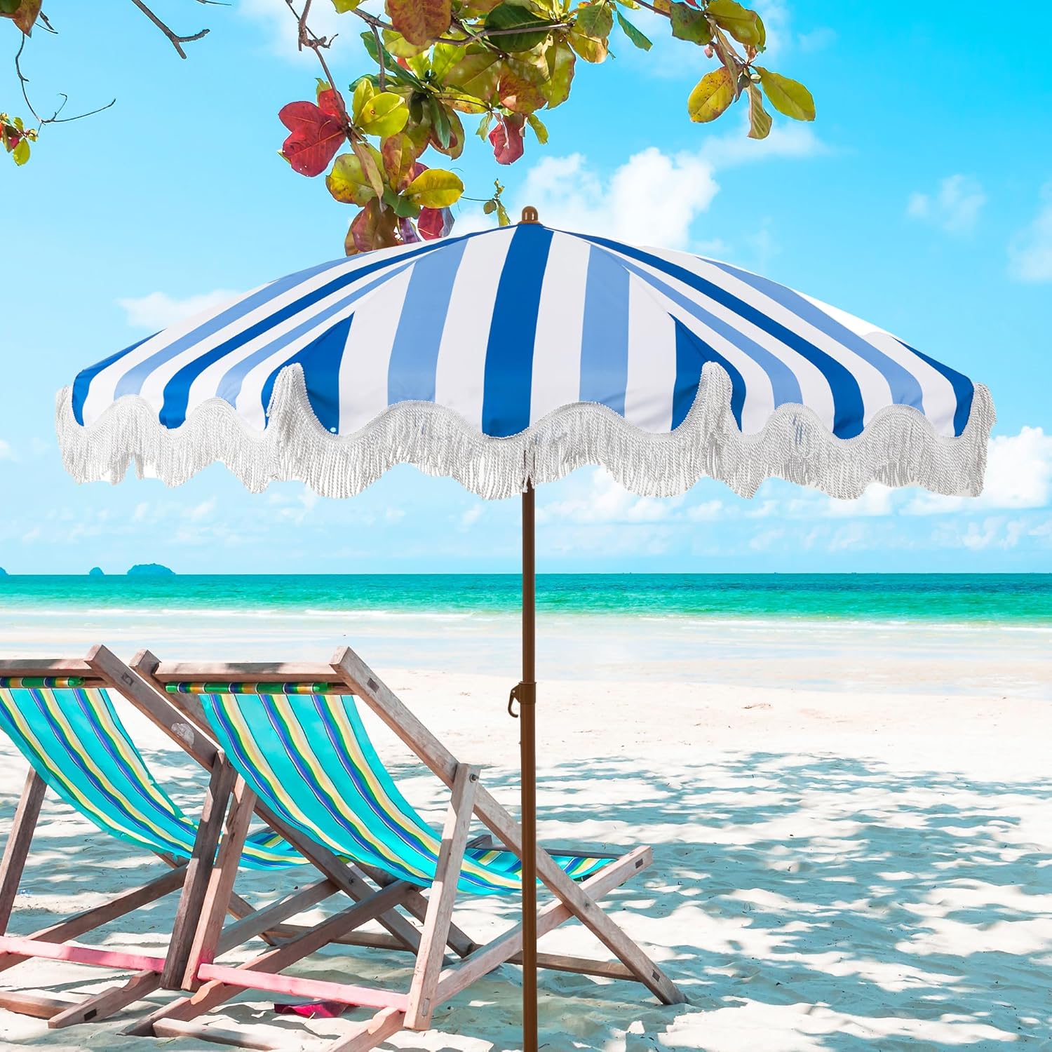 Rayjee 6.5FT Patio & Beach Umbrella with Fringe, Outdoor Sun Umbrella with Tilt & Adjustable Height, Aluminum Pole Market Umbrella for Garden, Deck, Pool & Beach