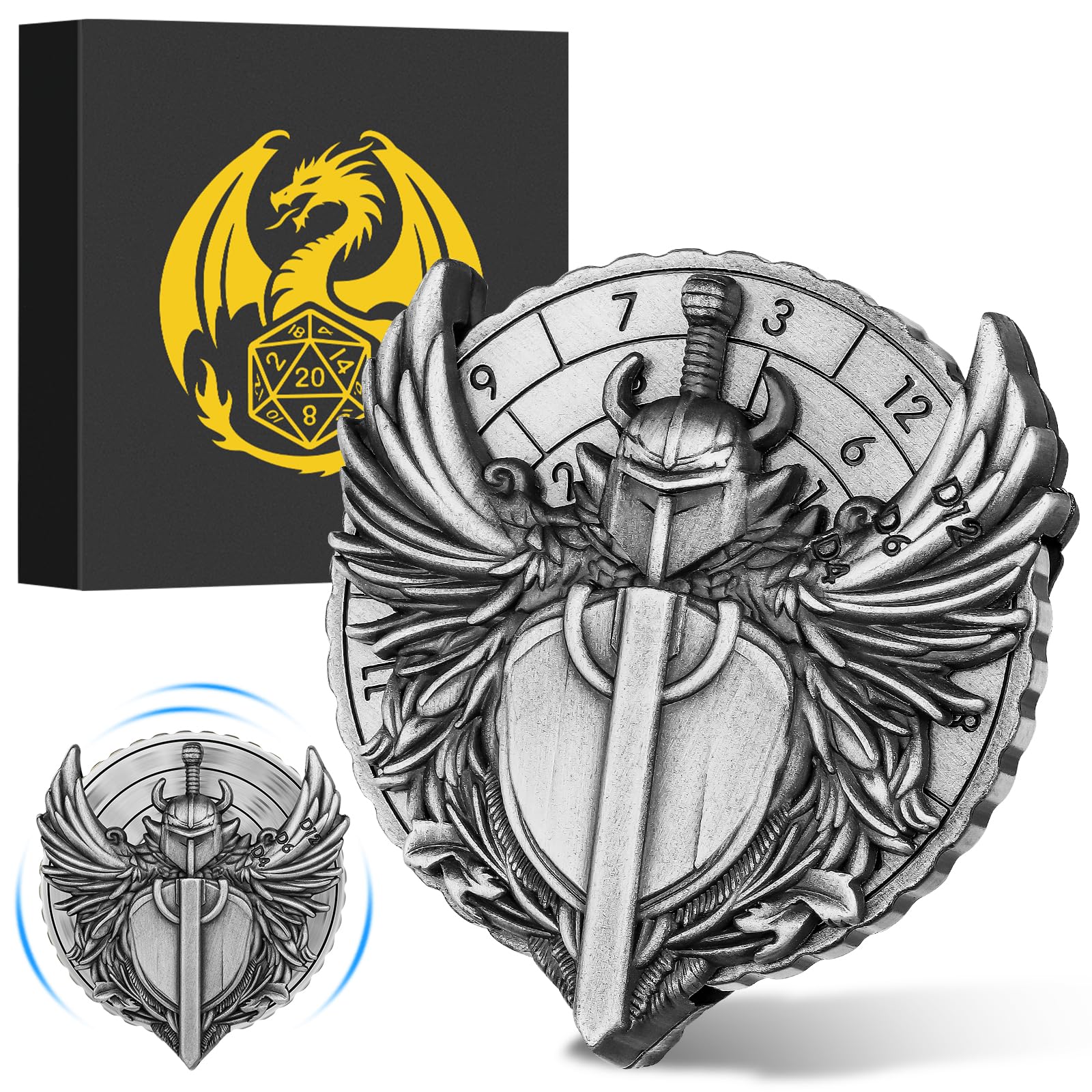 7-in-1 Paladin Knight Fingertip Gyro, DND Wheel Dice Spiner, DND Starter Set, 7-in-1 Metal D&D Dice Set, D&D Gifts with Dragon Logo Gift Box, Tabletop Games, Role Playing Board Game Accessories,Silver