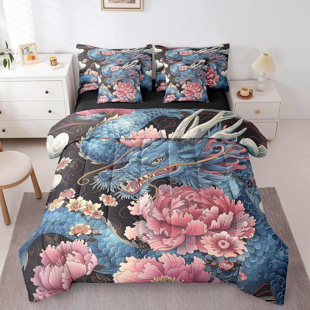 Feelyou 7Pcs Ancient Dragon Comforter Sets King Size, Retro Flower Decor Japanese Dragon Comforter Set Bed in a Bag(1 Comforter, 1 Flat Sheet 1 Fitted Sheet 2 Pillowcases and 2 Throw Pillow Covers)