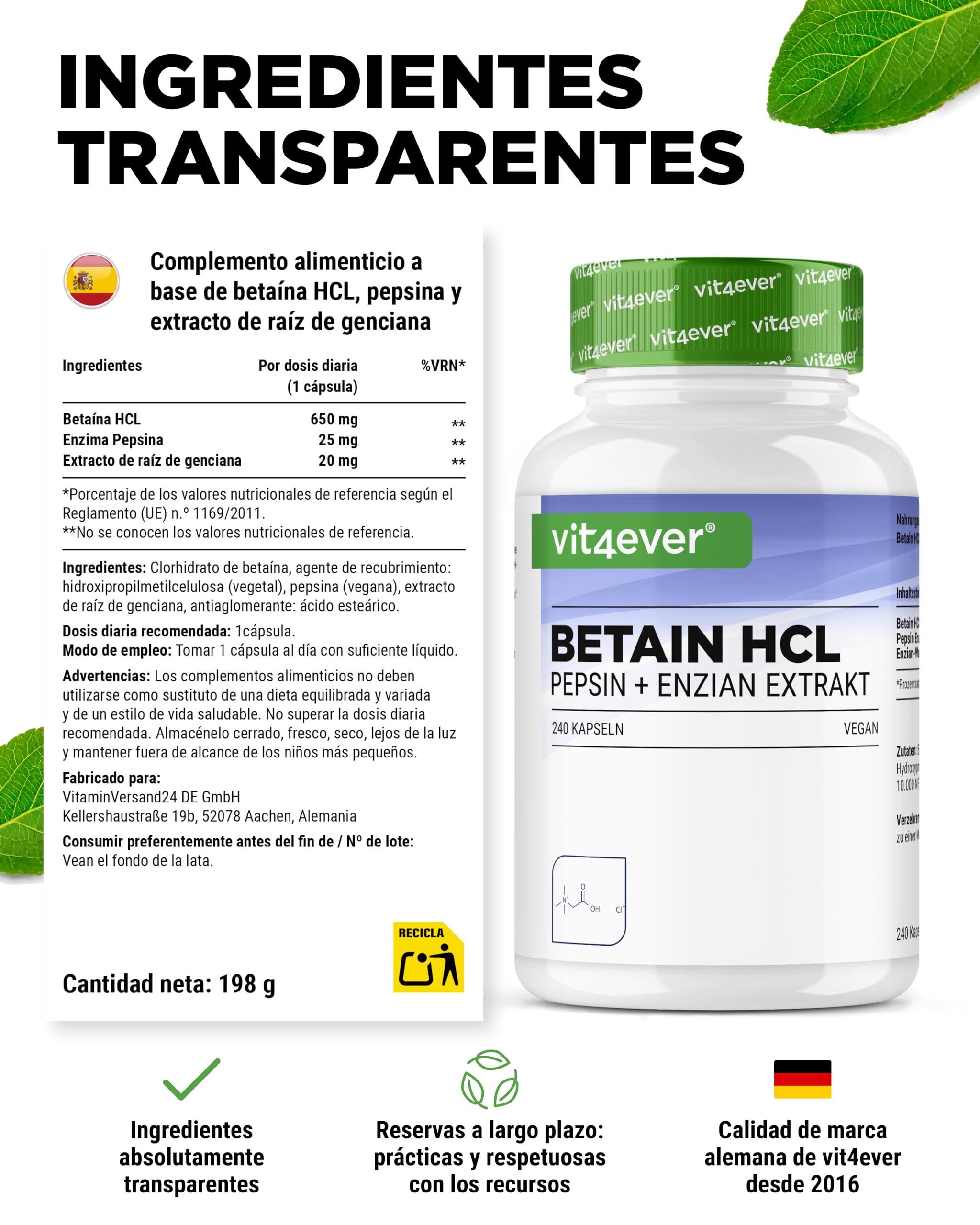 Betain HCL - 240 cápsulas con 650 mg Betaína HCL - Premium: Con pepsina y genciana amarga - Enzimas digestivas de amplio espectro - Alta dosis - Vegano