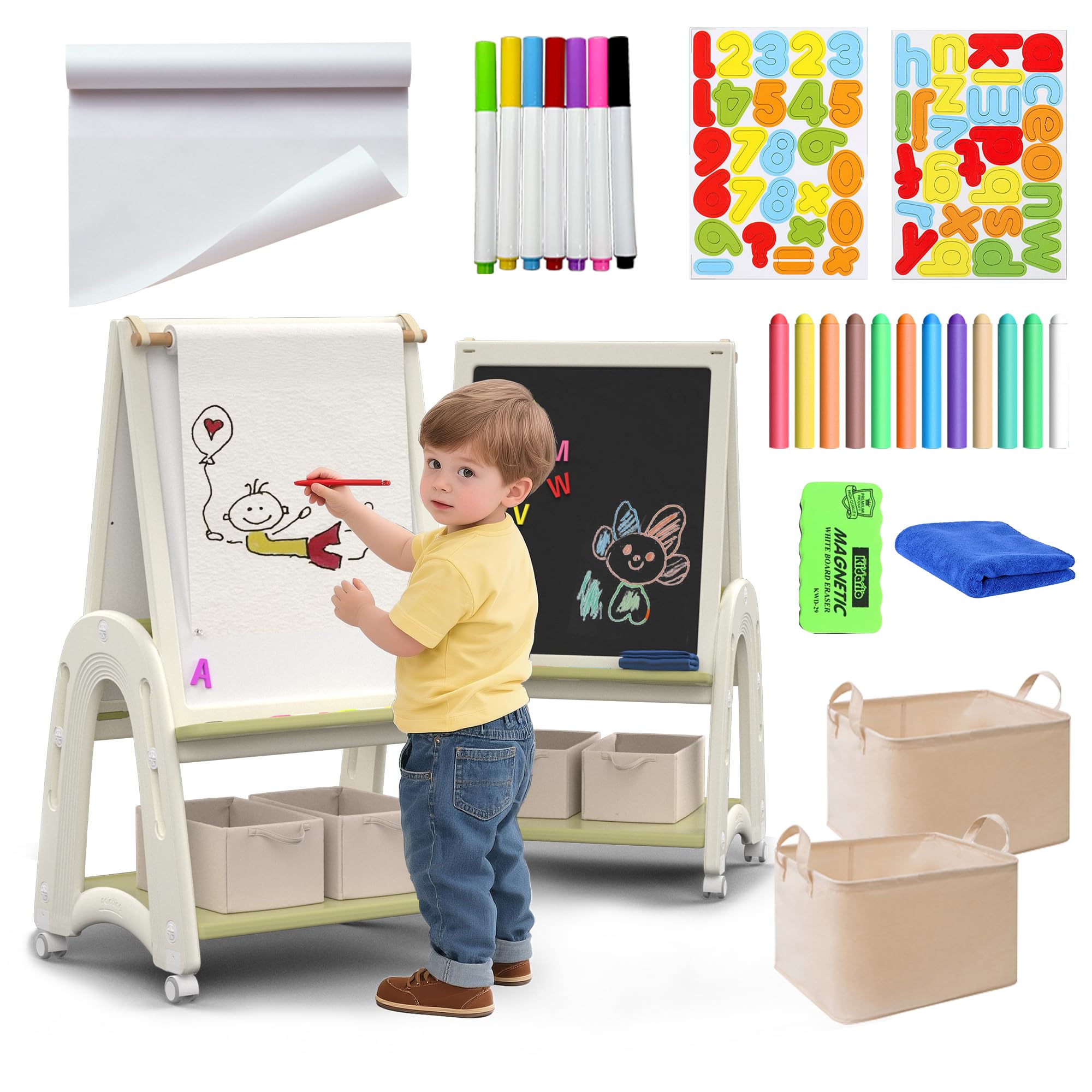 Cavalletto Artistico 3-in-1 per Bambini con Rotolo di Carta, Lavagna Bianca e Lavagna Nera, Altezza Regolabile, Accessori da Disegno Inclusi, Verde