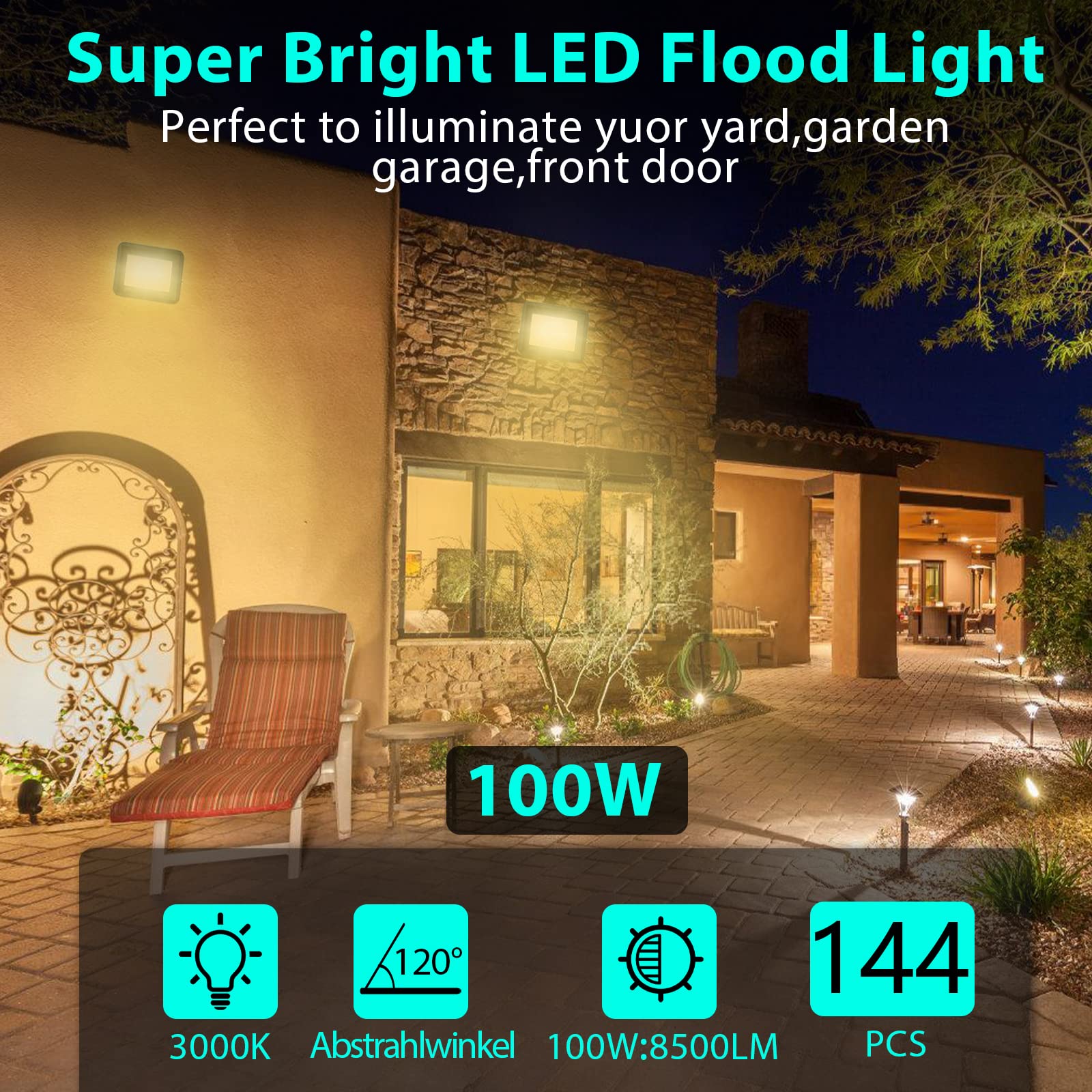 Focos LED Exterior, 5 Pack 100W 8500LM Blanco Cálido 3000K Luz de Seguridad, Proyector LED Exterior Iluminación, Floodlight Luz de Seguridad para Jardín Patio Almacén Camino(Sin Enchufe)