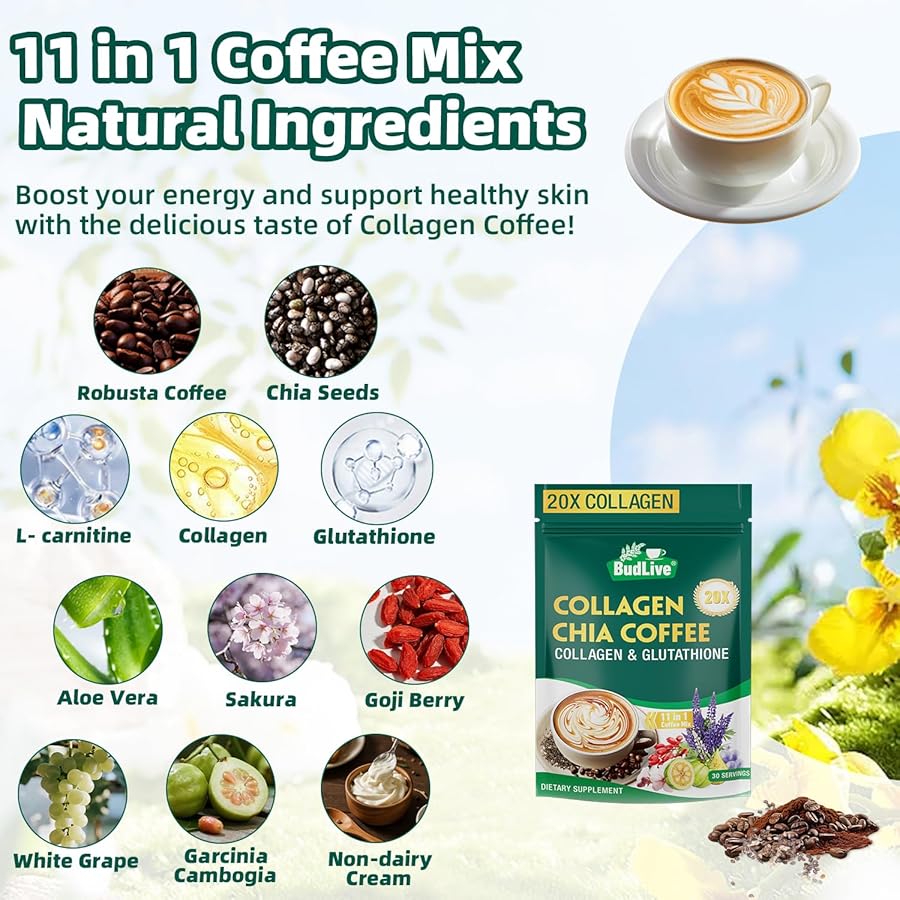 BudLive 20X Collagen Chia Coffee, 11 in 1 Chia Coffee Mix with Collagen & Chia Seeds, Goji Berry, Blueberry, Strawberry, Supports Hair, Skin & Nails, Sugar Free, Vegan, Gluten-Free, 30 Servings - image 3