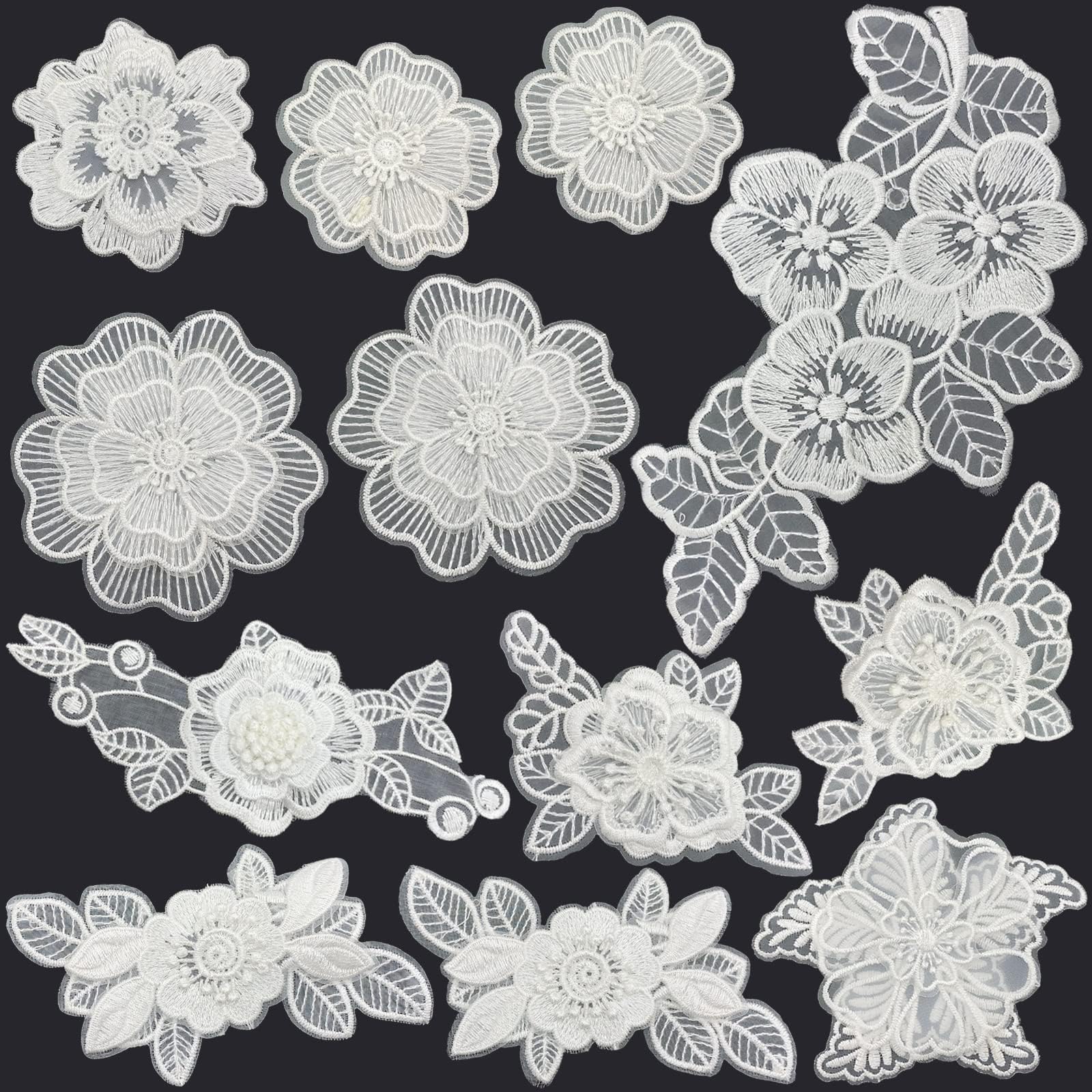 12 Pieces Flower Lace Embroidered Applique 3D Floral Sew On Patches for Clothes Repairing Decorating Wedding Dress DIY Sewing Craft (White)
