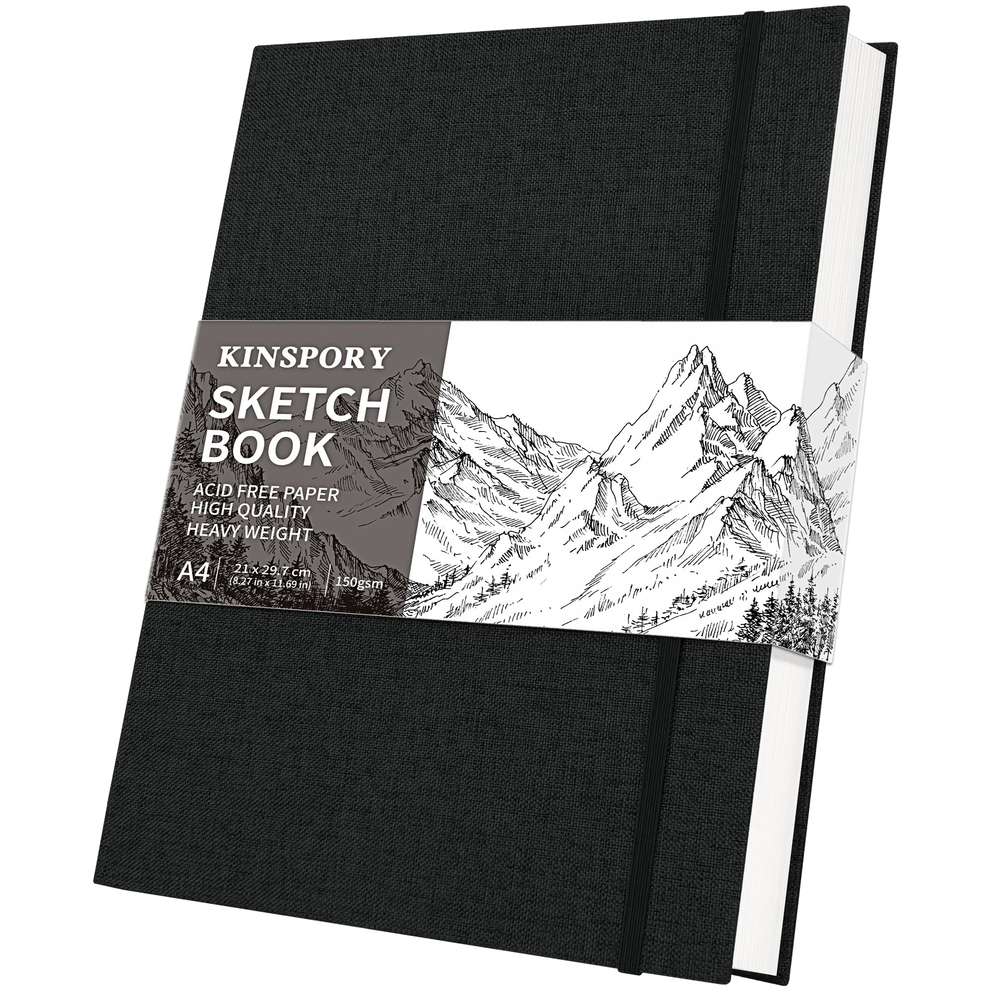 KINSPORY Hardcover Cloth Sketchbook, Sketch Pad, 100 Pages (50 Sheets) 150gsm Professional Perforated Sketch Paper, Travel Drawing Pad for Artists, Adult, Teens (Black, A4)