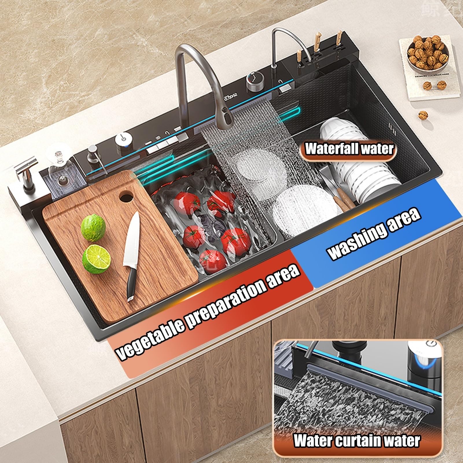 100 * 50 cm Küchenspüle mit Zwei Wasserfällen und Hochdruck-Spritzpistole, Küchenspüle mit Digitalanzeige, Edelstahlspüle mit Messerhalterbox