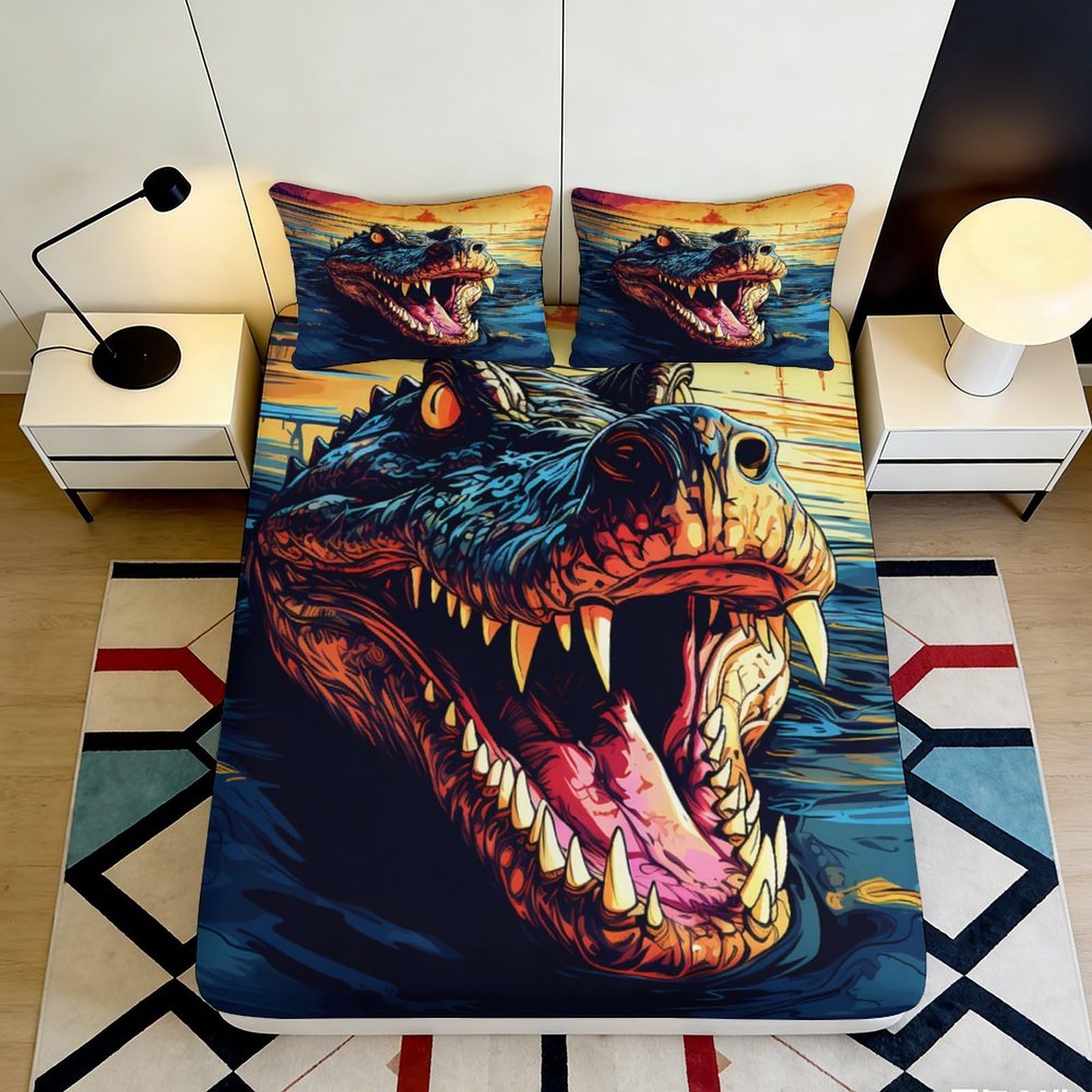 3D Printed Dinosaur Monster Fitted Sheet Microfiber Soft Breathable Sunset T-Rex Mattress Cover for Bedroom Dorm Decor 90x200x25cm
