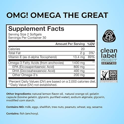 Miniatura 4 de HUM Nutrición - OMG! Omega the Great – Puras + Aceite de Pescado ecológico para piel bella, 60 cápsulas blandas