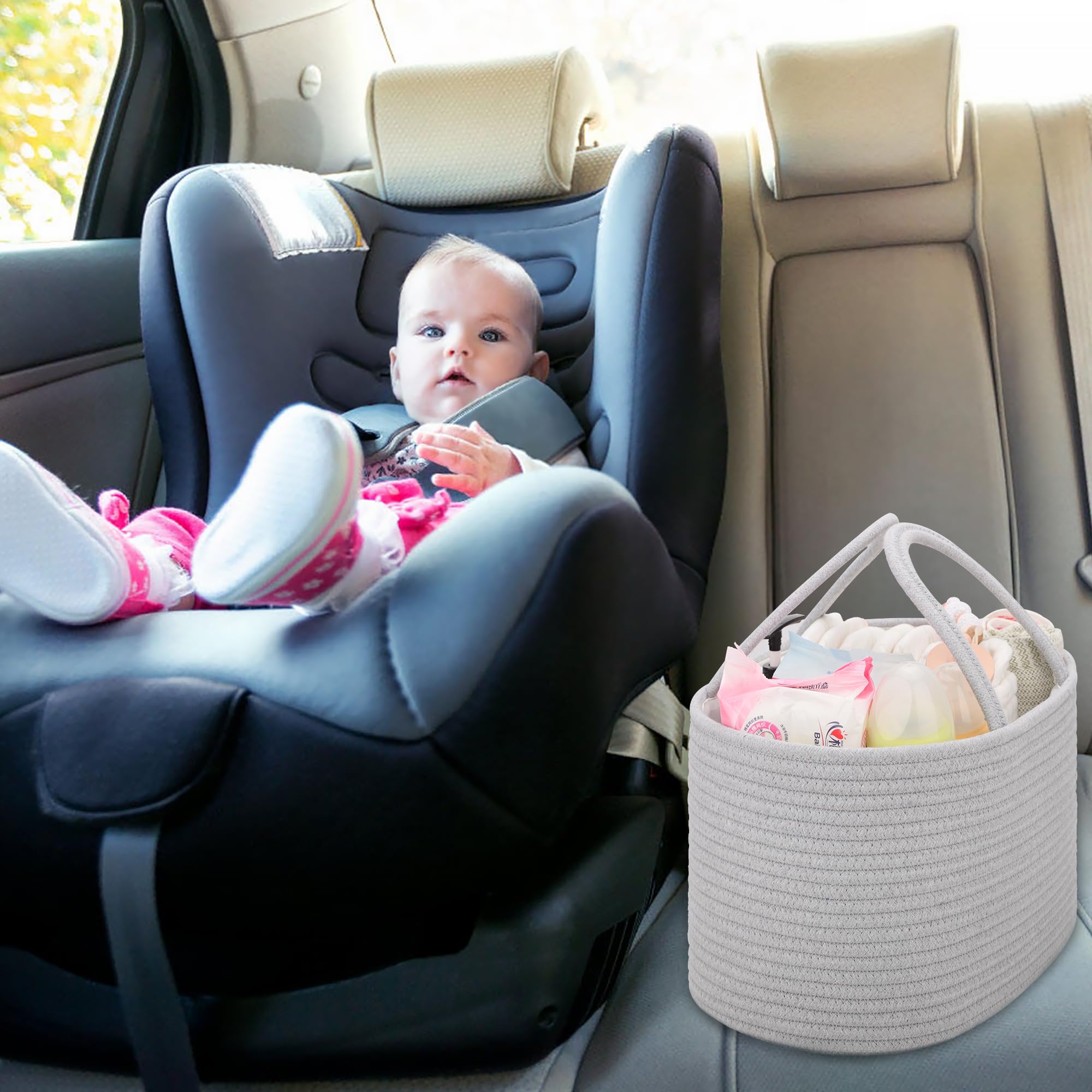 COMSE Large Nappy Caddy Organizer for Girl Boy Baby Car Diaper Caddy with Handles, Cotton Rope Diaper Basket - Image 4