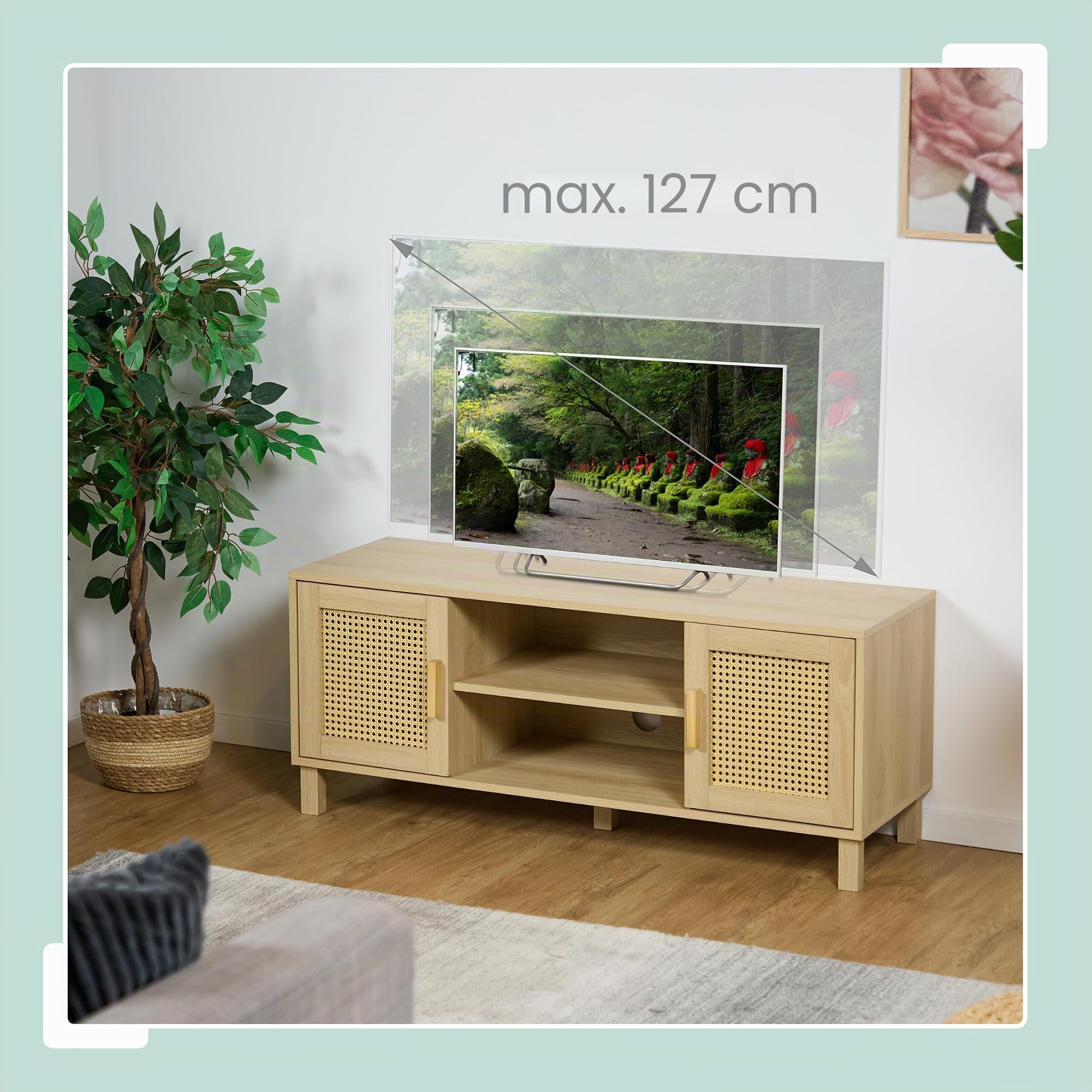 Relaxdays Mobile per TV, Design in Rattan, Mobiletto Porta Televisore 50 Pollici, HLP: 48x115x40 cm, Tavolo Basso Legno