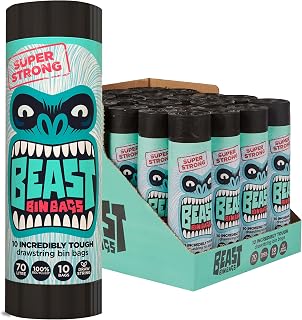 BEAST BIN BAGS - 70L Black - Mega Pack (200 Bags) - Made From 100% Recycled LLDPE - Incredibly Tough Drawstring Black Bin Bags