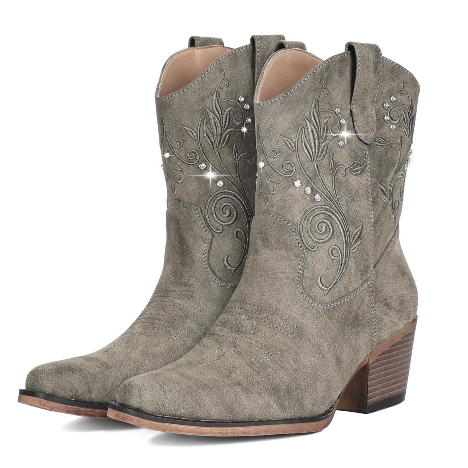 Cowboy Boots for Women Ankle Cowgirl Boots with Embroidered Rhinestone Decor Chunky Heel Snip Toe Classic Western Wide Booties