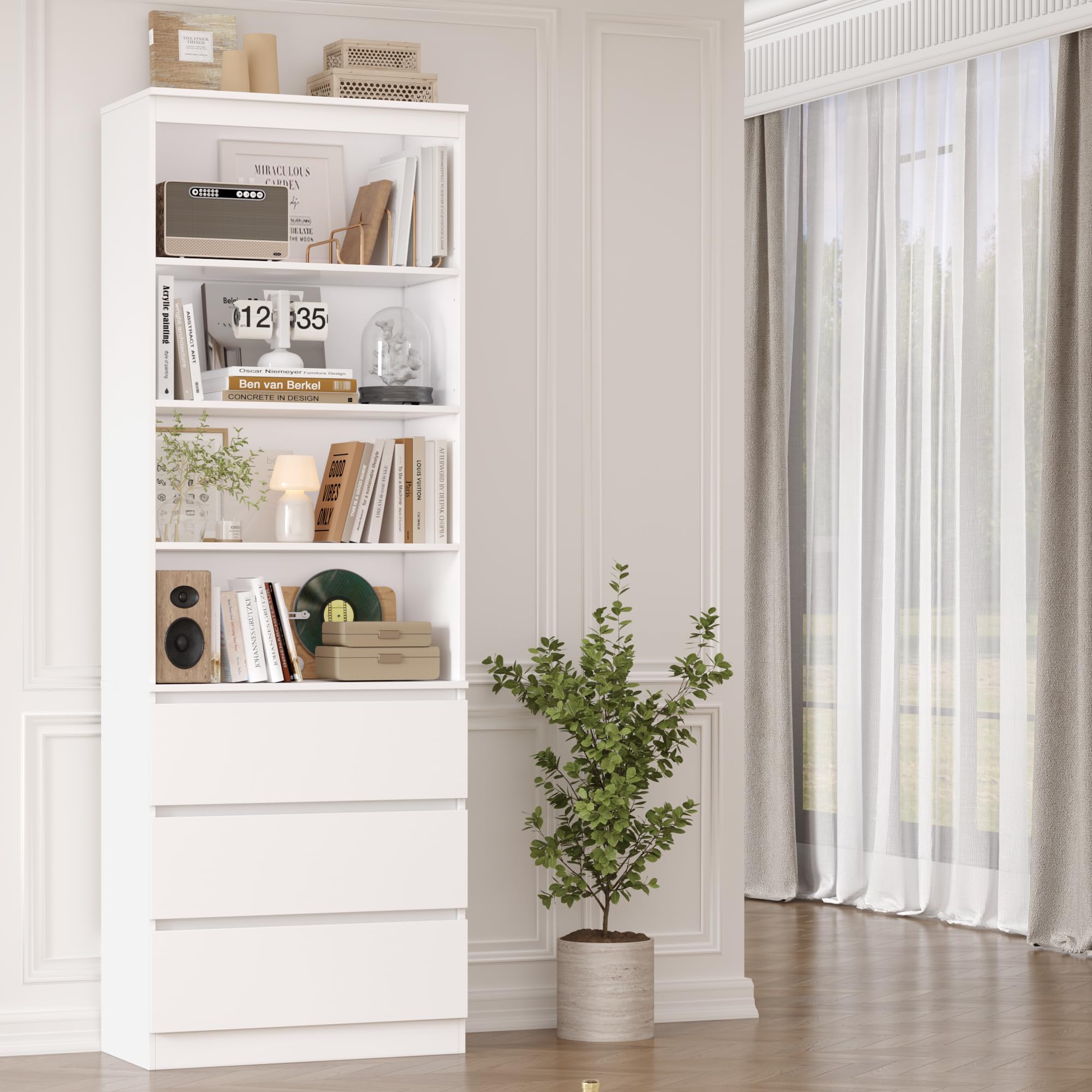 FirFurd 202 cm Libreria, Libreria Verticale con 4 Scomparti Aperti, Bianco | Scaffale Salvaspazio con 3 Cassetti Scorrevoli,Librerie con Ripiani Regolabile,per Studio, Ufficio, Soggiorno,60x35x202 cm