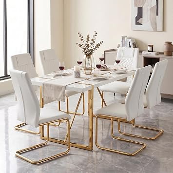 gopop Dining Table Set for 6, Kitchen Table Chairs Set of 6, 7-Piece | 55-Inch White High-Gloss Lacquered Tabletop & Electroplated Metal Frame, Modern Kitchen Tables With 6 Chairs For Dining Room