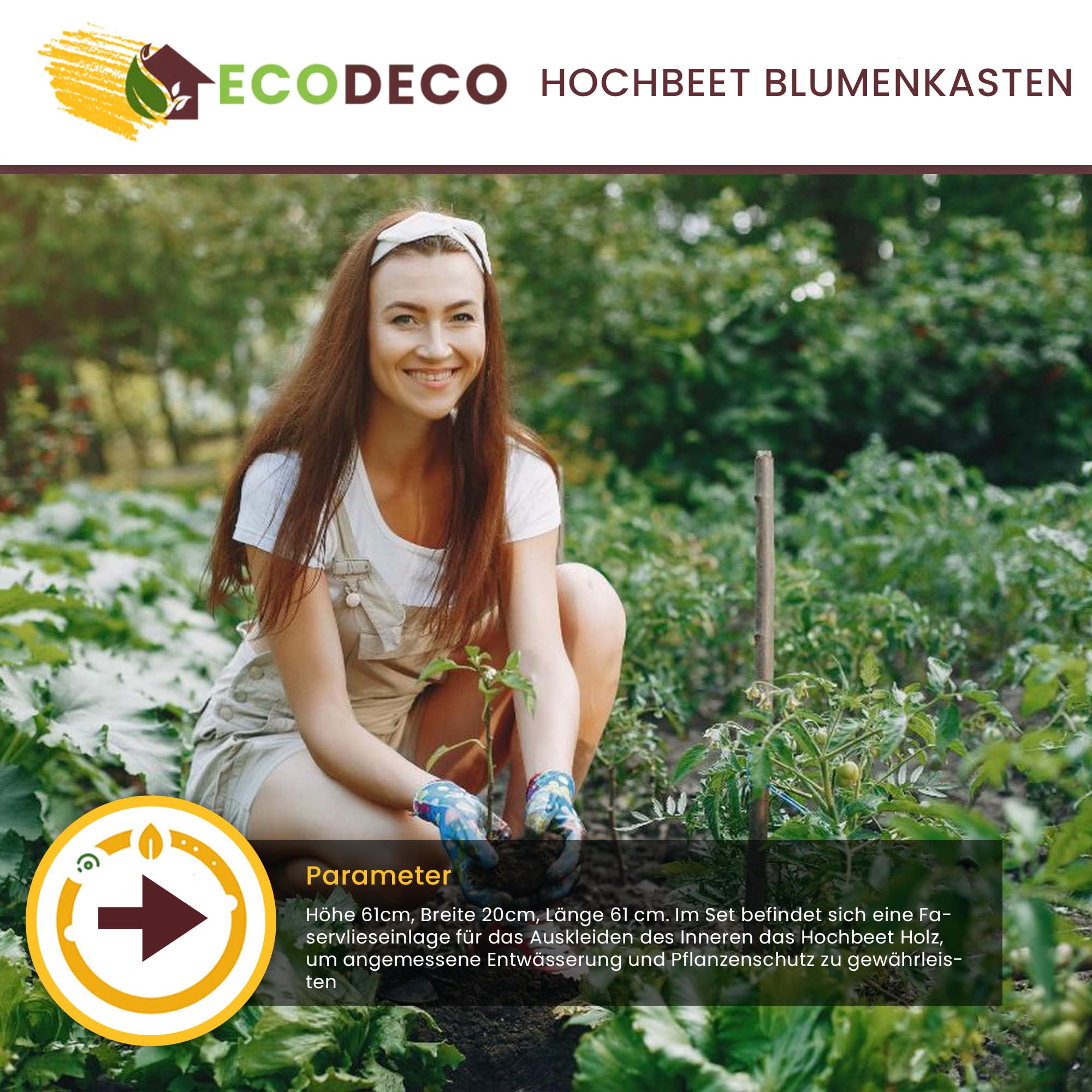 ECODECO Hochbeet aus Holz | Blumenkasten Balkon Terrasse | Hochbeete für Garten Pflanzkasten Frühbeet mit Regal Ablage 61 x 20 x 61 cm | Braun