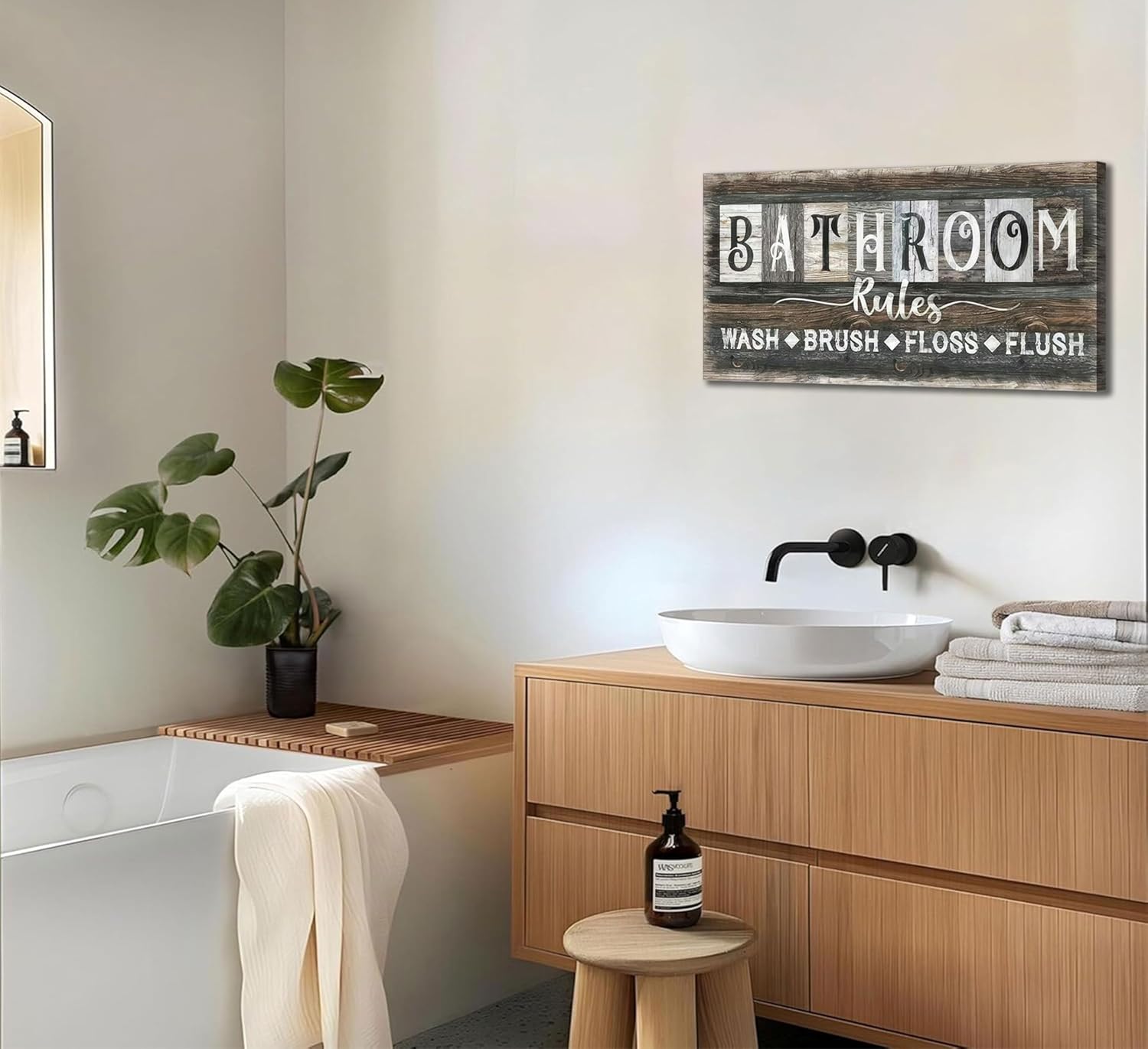 Bathroom Rules Canvas Wall Art Farmhouse Bathroom Sign Picture Vintage Rustic Poster Prints WASH BRUSH FLOSS FLUSH Humorous Sayings Wall Decor for Laundry Room Washroom Toilet Restroom 12x24in Framed