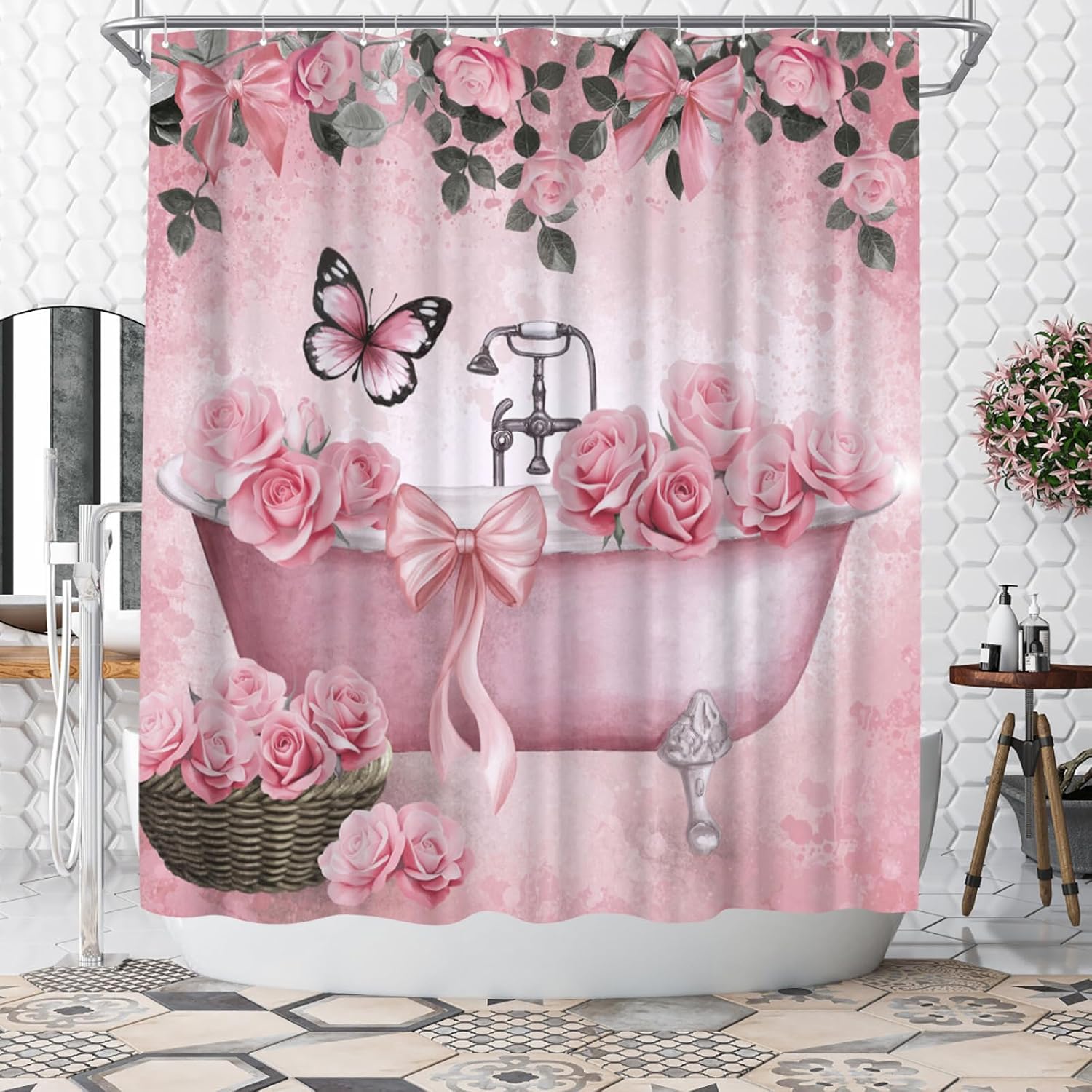 WELMECO Bow Shower Curtain Rose Flower Butterfly Bathtub Painting Printed Cute Bows Polyester Fabric Bathroom Decor Curtain, 72x72inch with Hooks (Pink)