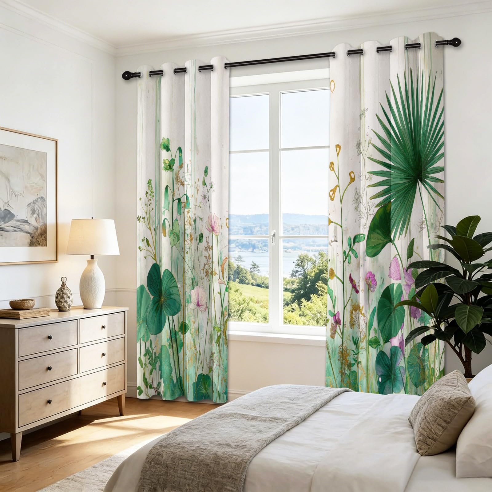 Akwarelowe, botaniczne liście palmowe, scena natura, zasłony na przelotkach szer. 117 cm x dł. 137 cm (2 panele), 100% blokada światła, 240 g/m², miękki materiał zapewnia najwyższą prywatność w