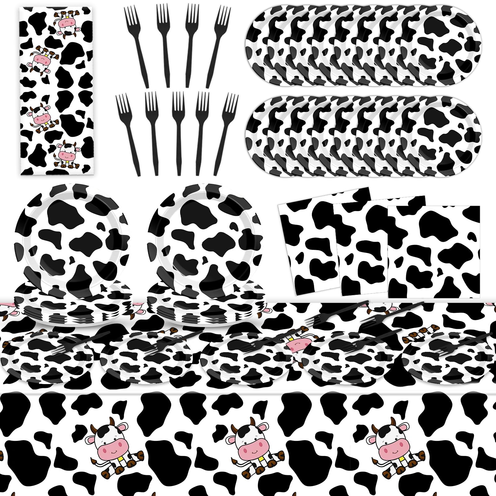 Cow Birthday Party Supplies Cow Print Party Tableware Includes Farm Animal theme Plates Napkins Fork and Farmhouse Tablecloth for Baby Show Parties Decorations Set Serve 20