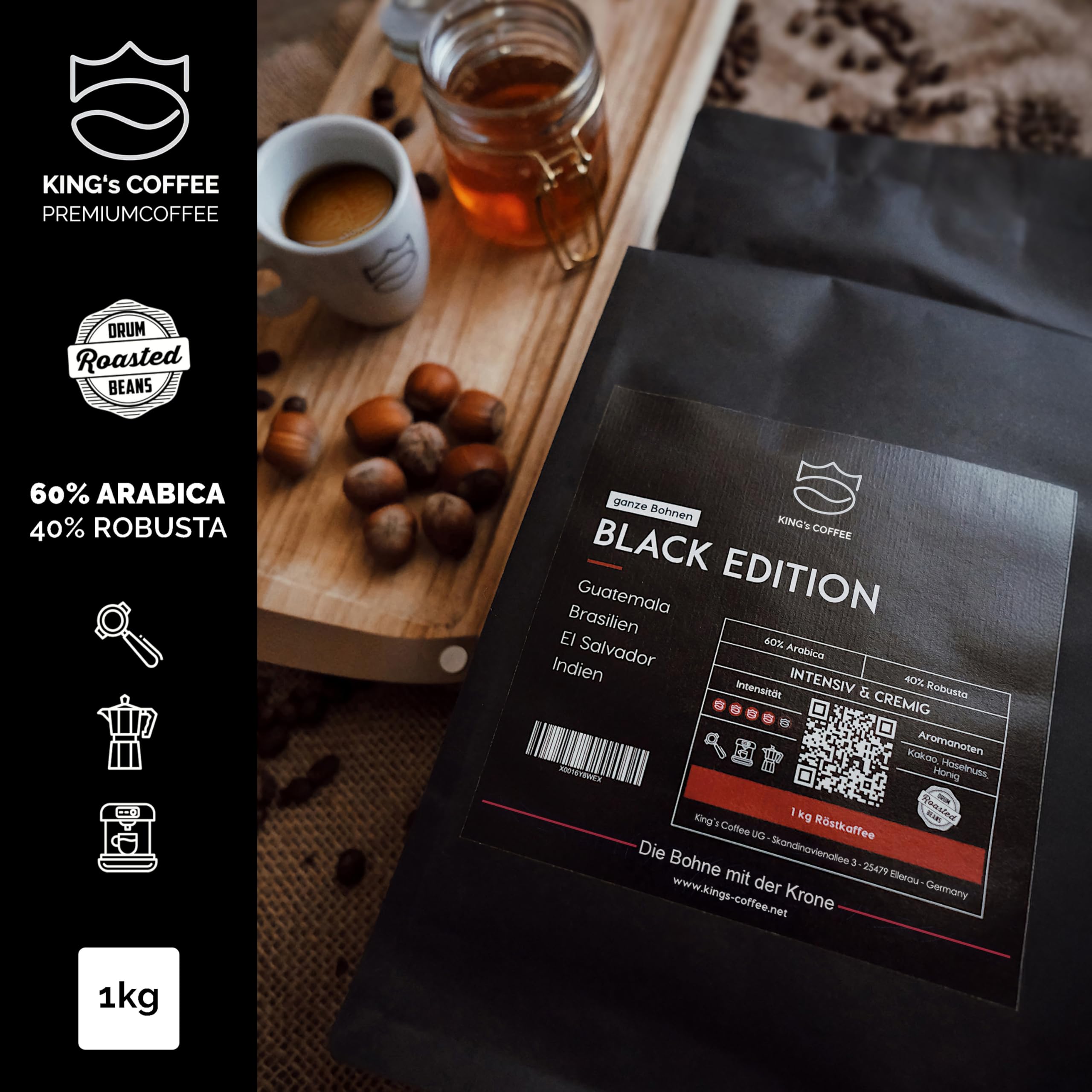 KING'S COFFEE - BLACK EDITION - 1kg Kaffeebohnen Crema Intense - säurearmer Kaffee - kleine Chargen-Röstung aus Italien - kräftige Arabica Espresso Bohnen (Blend) für Vollautomaten & Siebträger
