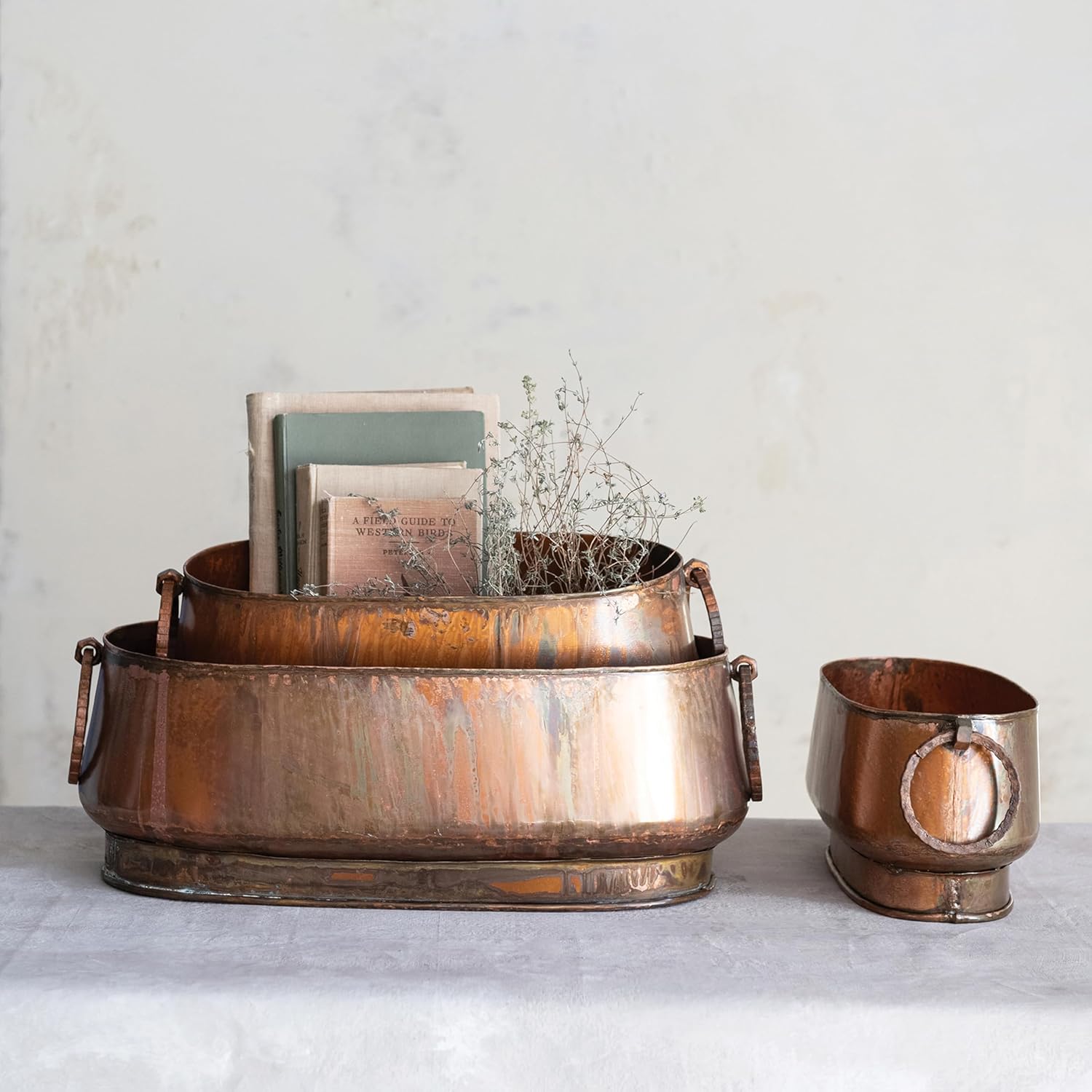 Creative Co-Op 3-Piece Oval Metal Planters with Ring Handles, Antique Copper Finish