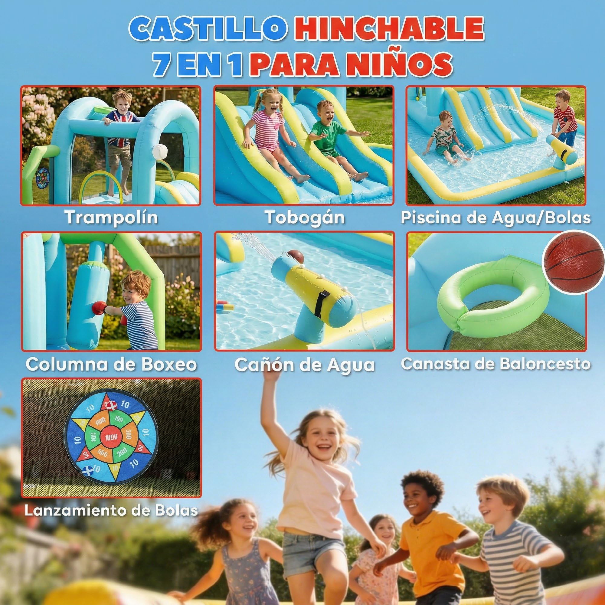 AIYAPLAY Castillo Hinchable Grande Acuático 7 en 1 con Soplador 450W Hinchable para Niños con Tobogán Seco/Agua, Trampolín, Piscina, Canasta, Columna de Boxeo Exterior/Interior 3-8 Años 426x360x198 cm