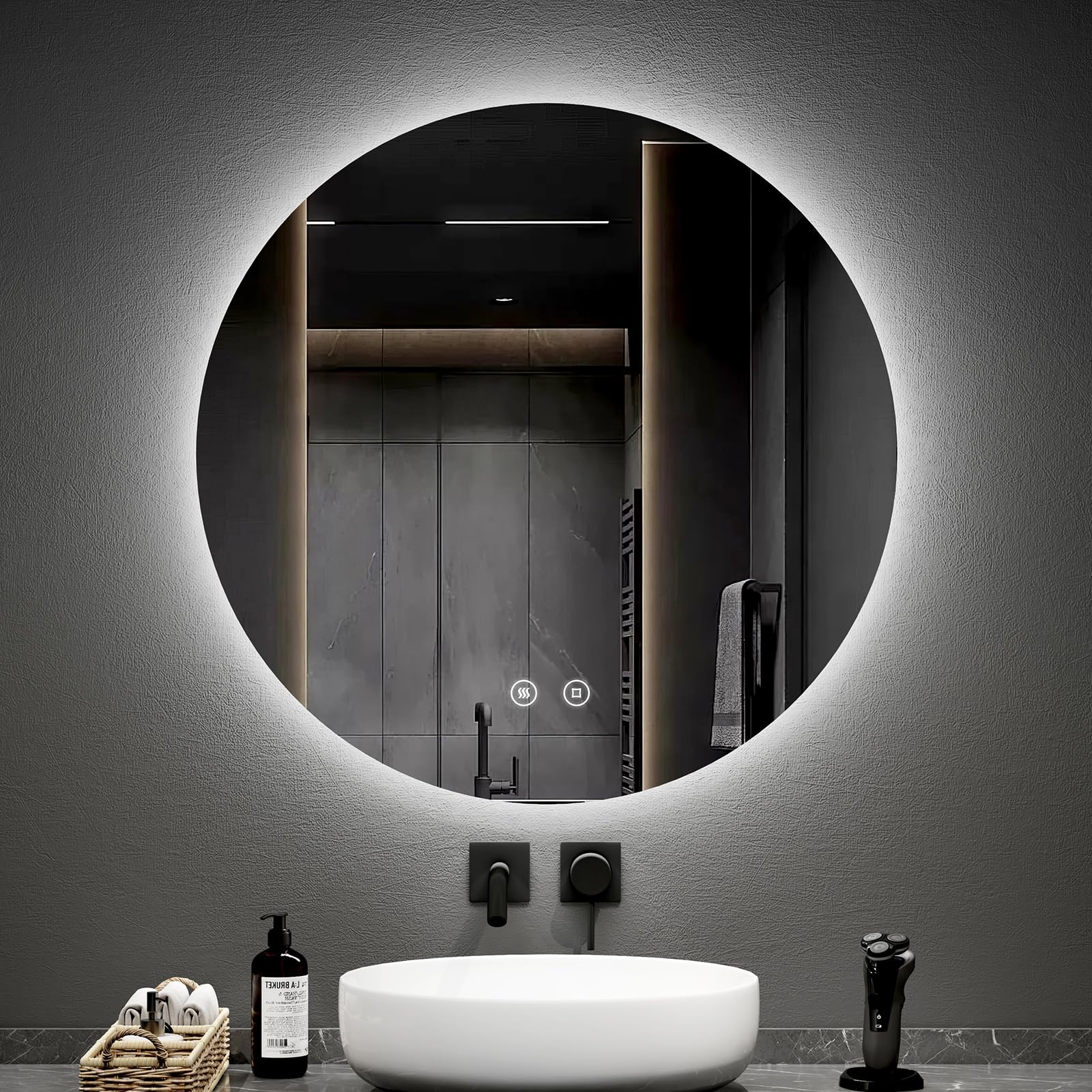EMKE Round Bathroom Mirror with Led Lights, 50CM Illuminated Frameless Wall Mounted Vanity Mirror with Touch, Demister, Memory Function with Dimmable Brightness โ image 1