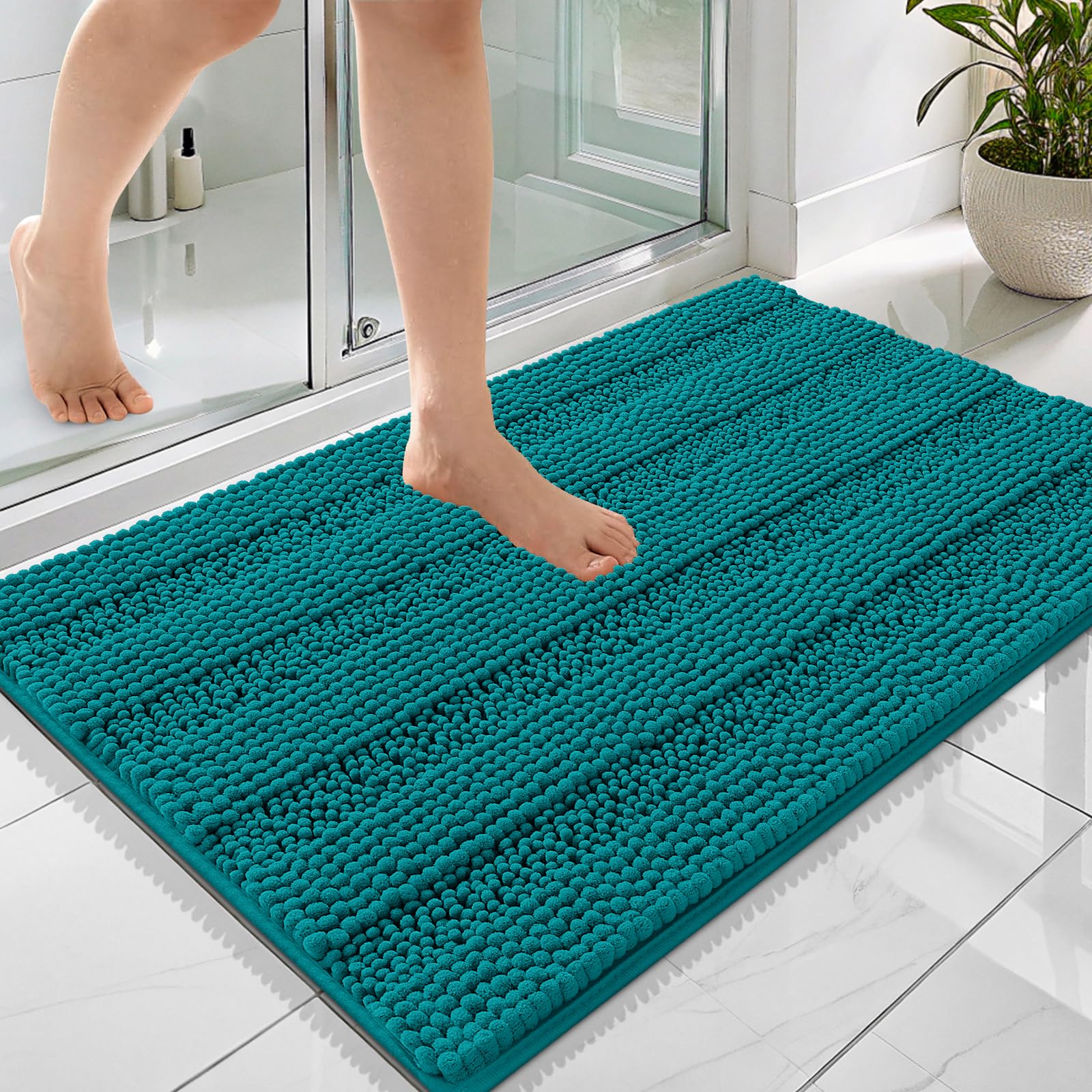 OLANLY Thick Bathroom Rugs 36x24, Chenille Striped Bath Rugs, Deep Lake