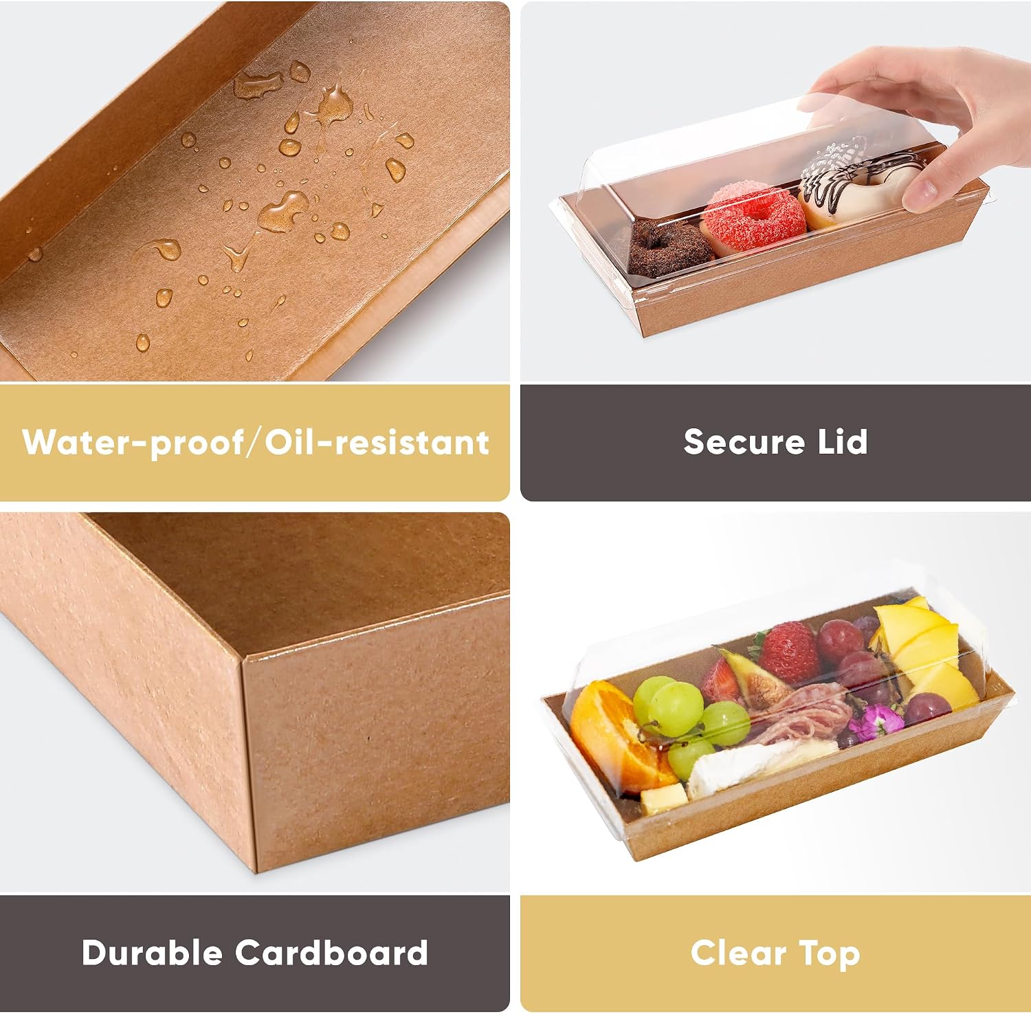 50 Pack 7.5x3.3in Small Charcuterie Boxes with Clear Lids, Mini Treat Box | Disposable Grease-Proof Paper Containers, Dessert Packaging For Cookies, Cake Slice, Chocolate Strawberry, Donut, Pastry
