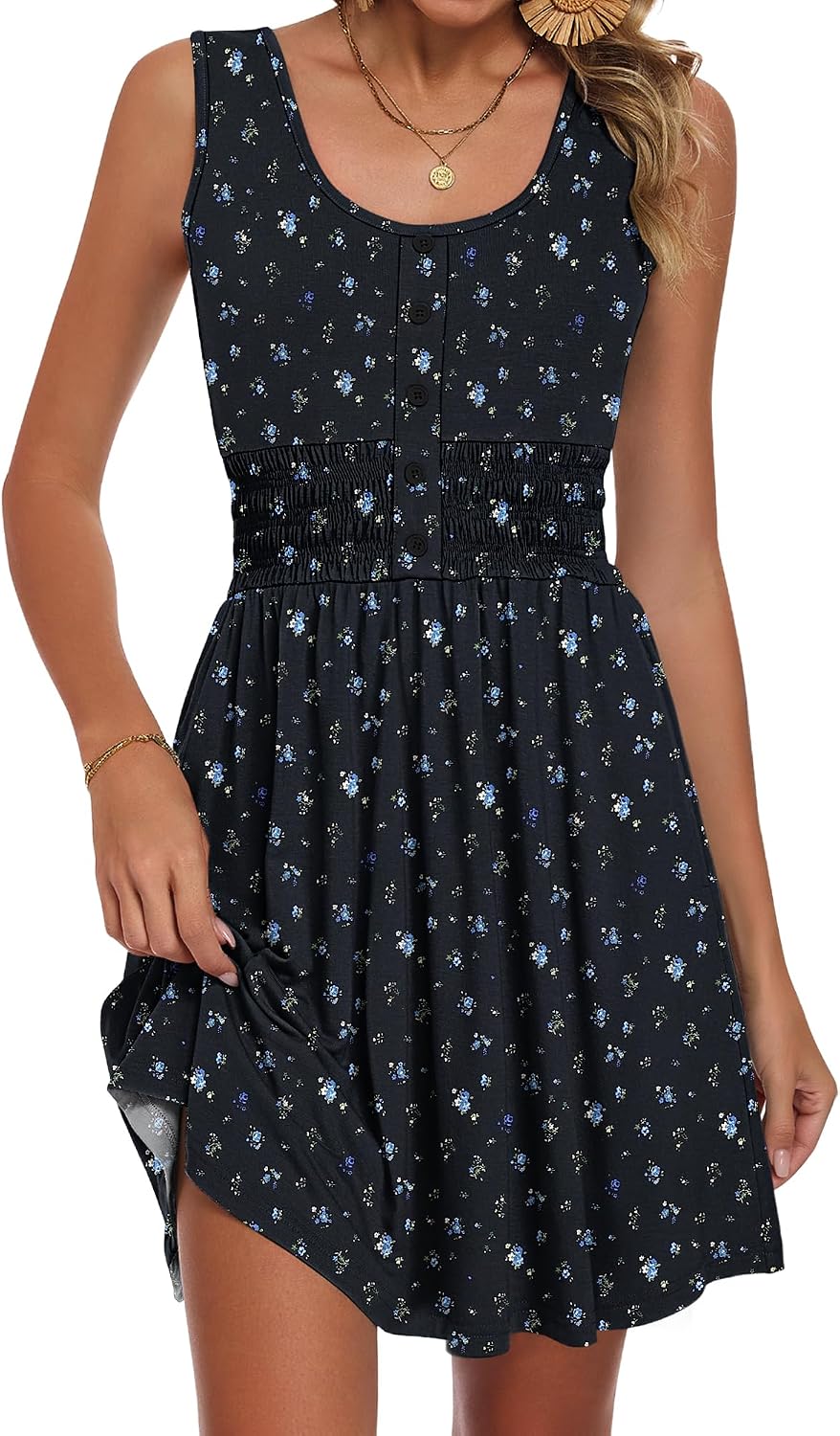WNEEDU Womens Summer Dress 2026 Crew Neck Mini Casual Sundress with Pockets