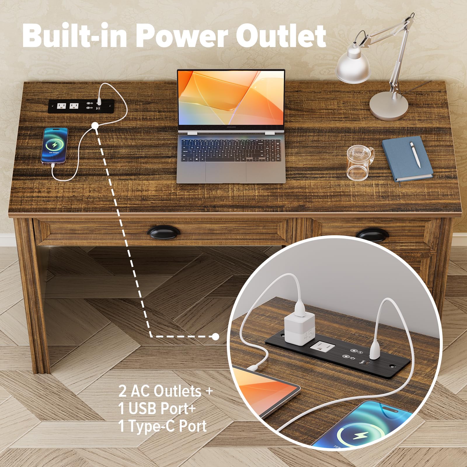 Lareth Computer Desk with Monitor Stand, Farmhouse Home Office Desk with LED Lights Power Outlets, 47 inch Wooden Workstation with Storage File Cabinet for Gaming Studying Working, Walnut: Natural