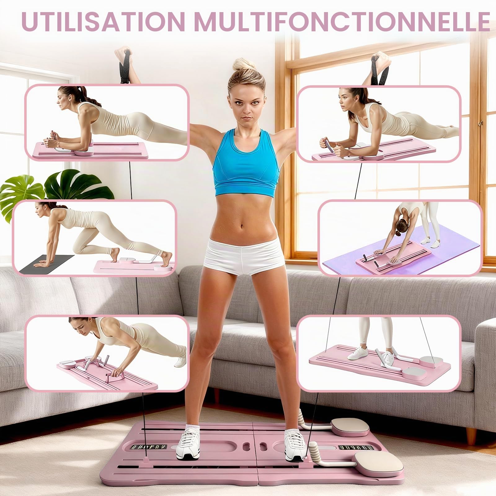 Roadtime Reformateur Pilates 6 en 1 Amélioré Pliable Ensemble Compact de Plateau Pilates pour la Protection des Genoux et Entraîneur Abdominal Multifonctionnel, Planche Abdominale avec Rebond Rose