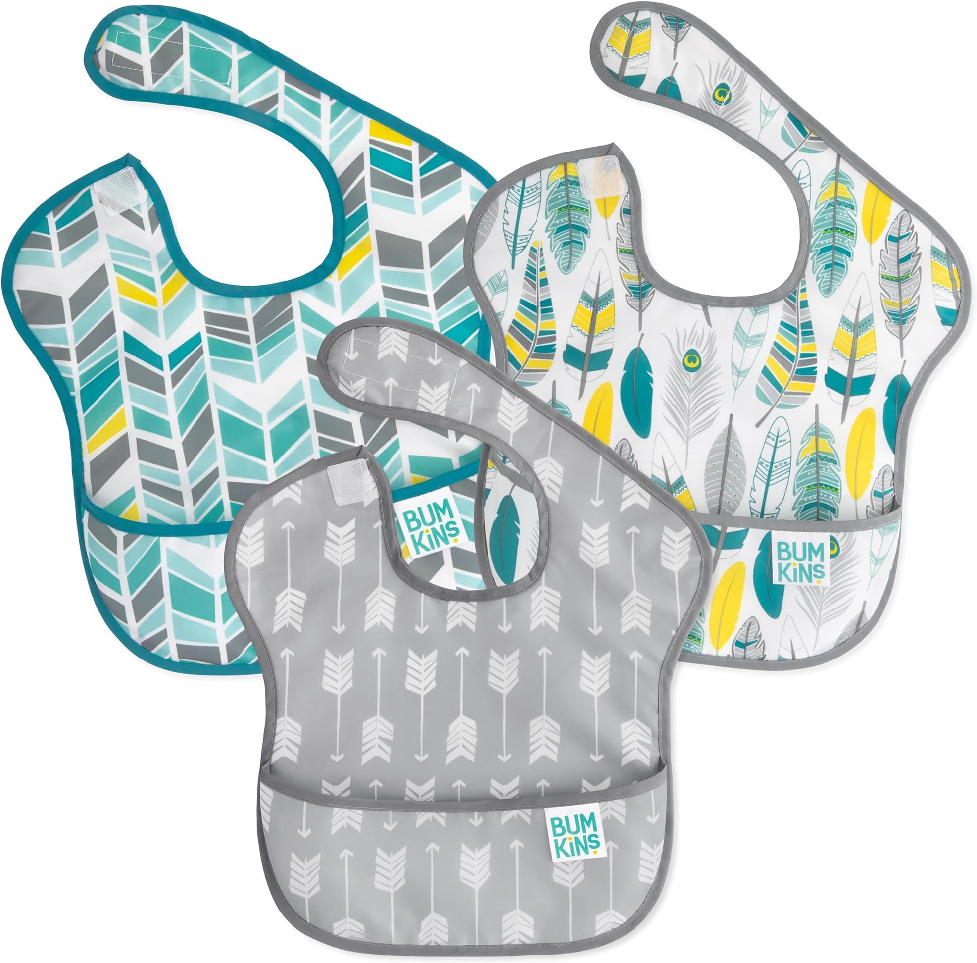 SuperBib, Adjustable Hook & Loop Closure, Catch-All Pocket, Baby-Led Weaning, Waterproof, Machine Washable, Stain & Odour Resistant, BPA Free, 6-24 Months, 3-Pack, Arrows, Feather, Quill